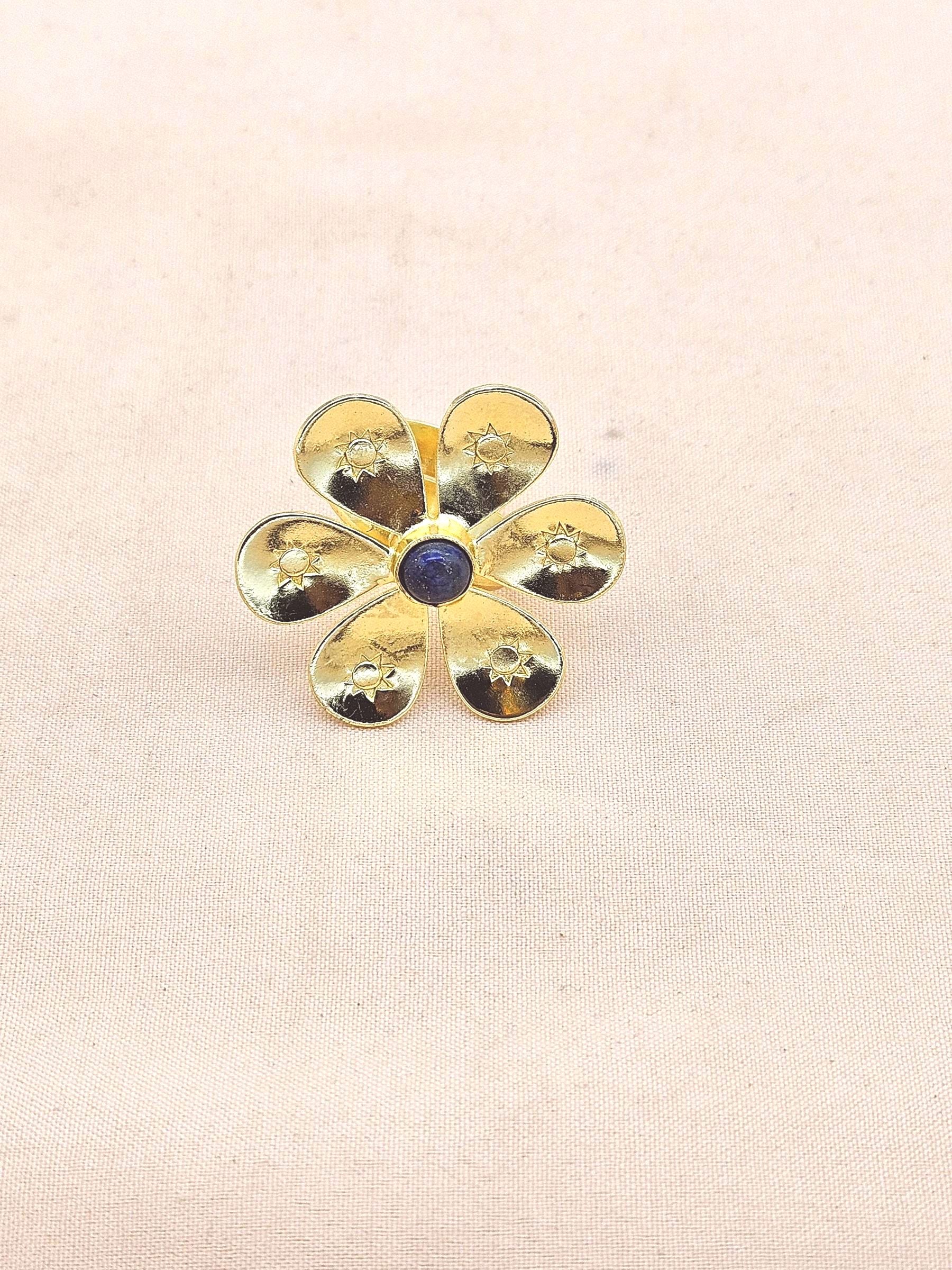 Handcrafted gold plated ring with Lapis Stone for women, elegant floral designer jewelry