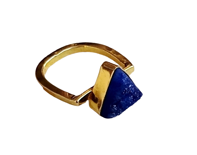 Elegant Handcrafted Gold Plated Rings with Dark Blue Druzy Stone for Women