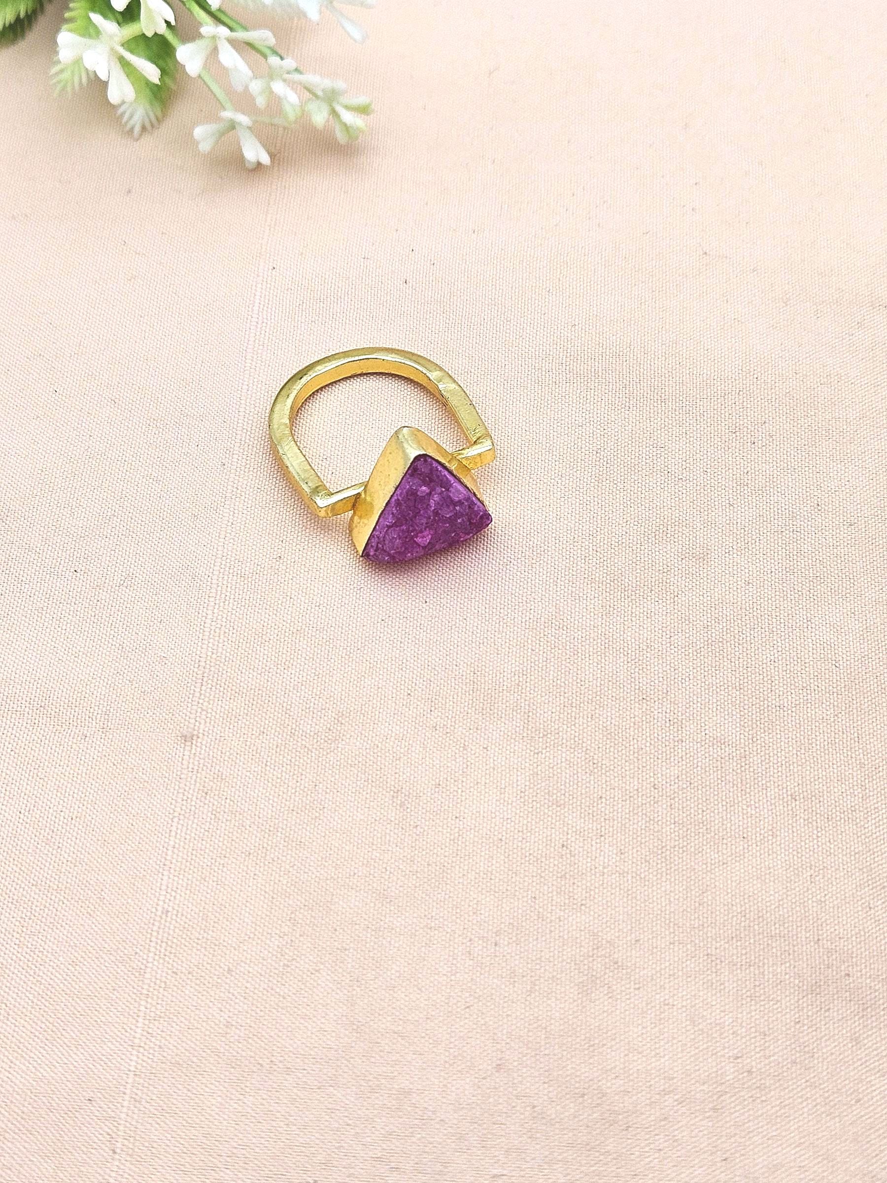Elegant Handcrafted Gold Plated Rings with Magenta Druzy Stone for Women