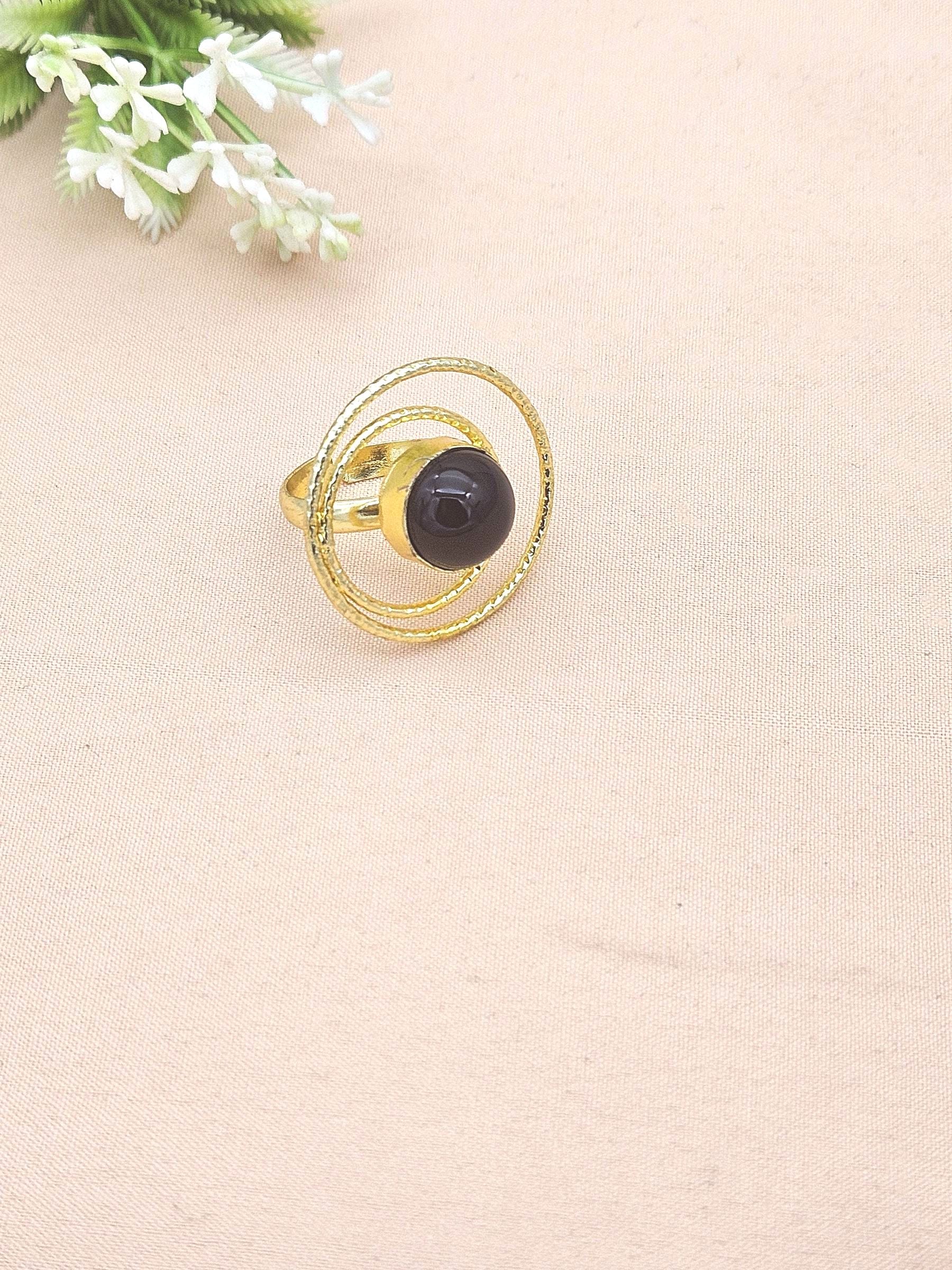 Gold Plated Black Onyx Stone Rings for Women - Handcrafted Designer Statement Ring