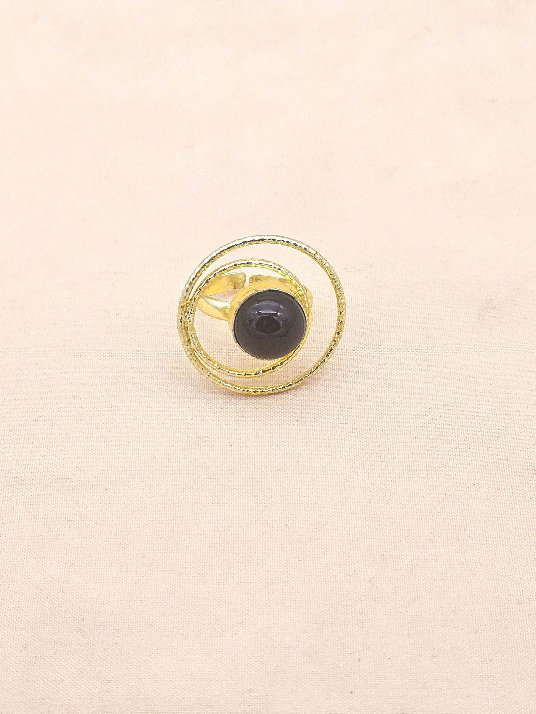 Gold Plated Black Onyx Stone Rings for Women - Handcrafted Designer Statement Ring
