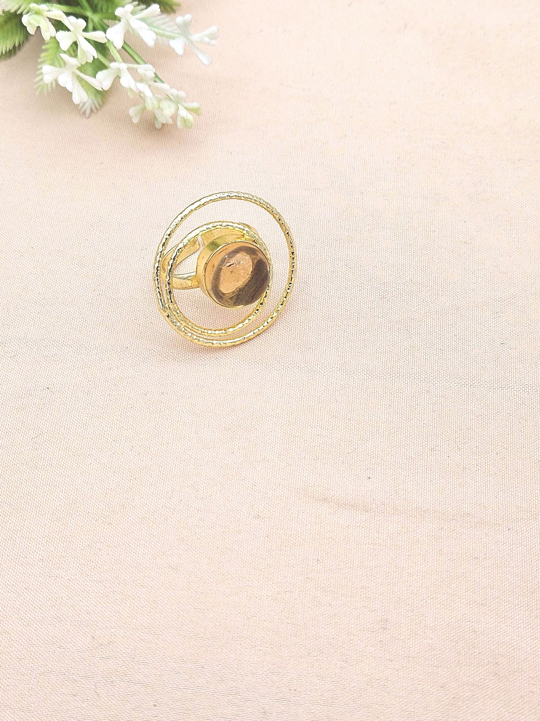 Gold Plated Yellow Glass Stone Rings for Women - Handcrafted Designer Statement Ring