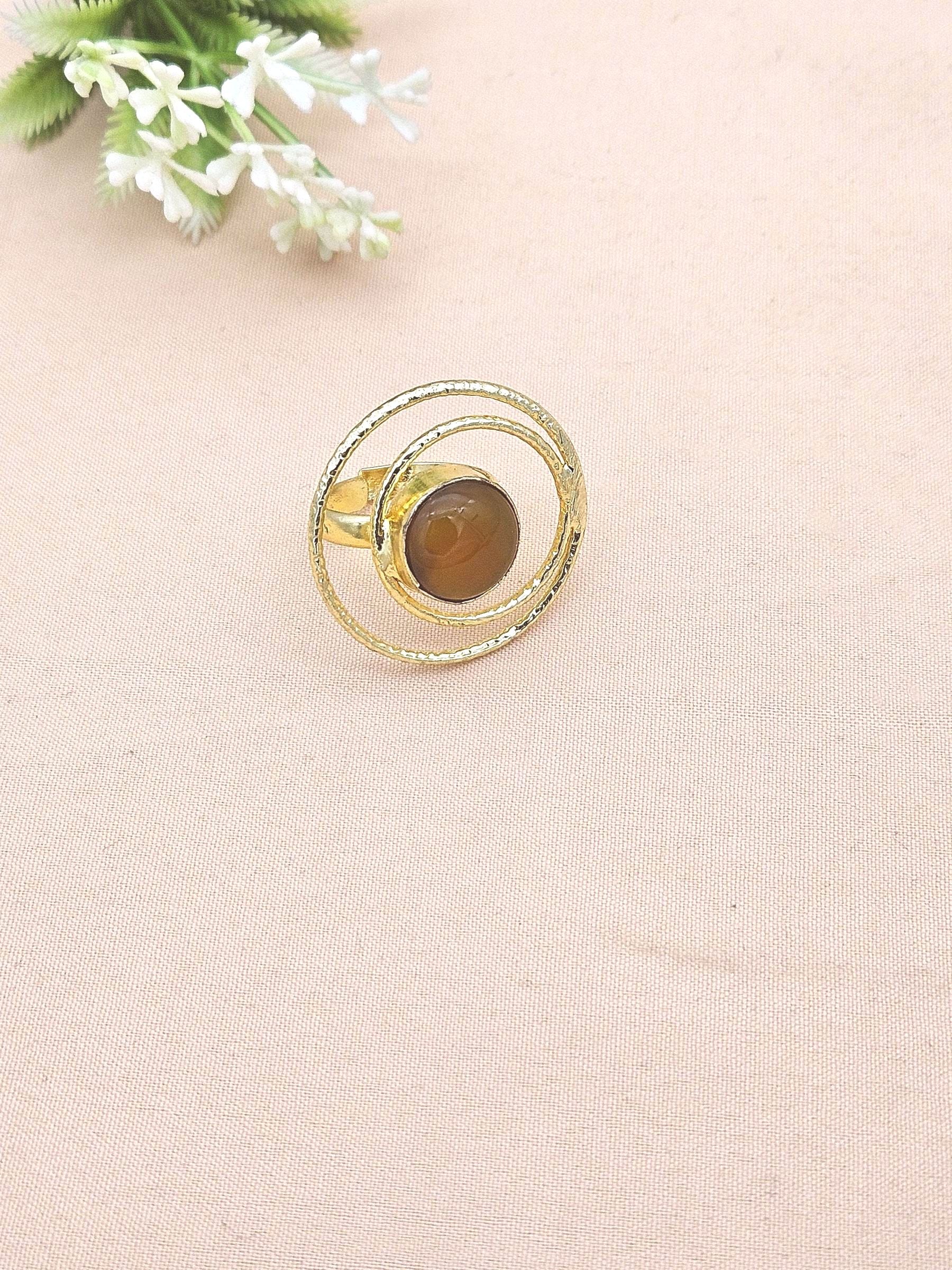 Gold Plated Yellow Chalcedony Stone Rings for Women - Handcrafted Designer Statement Ring
