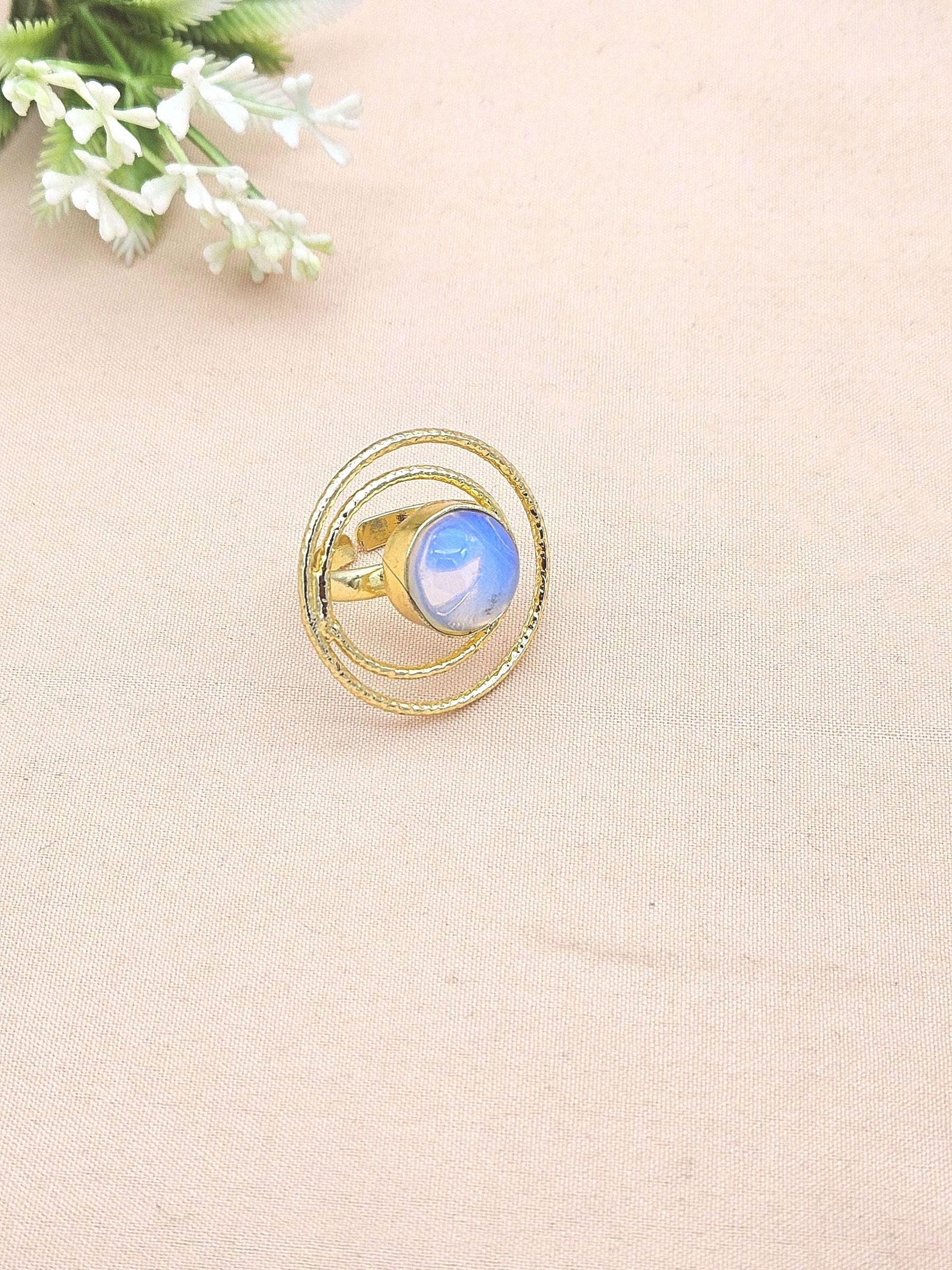 Gold Plated Synthetic Pink Opal Stone Rings for Women - Handcrafted Designer Statement Ring