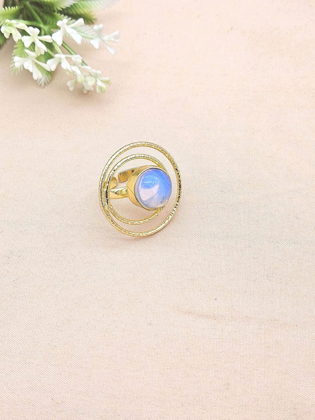 Gold Plated Synthetic Pink Opal Stone Rings for Women - Handcrafted Designer Statement Ring