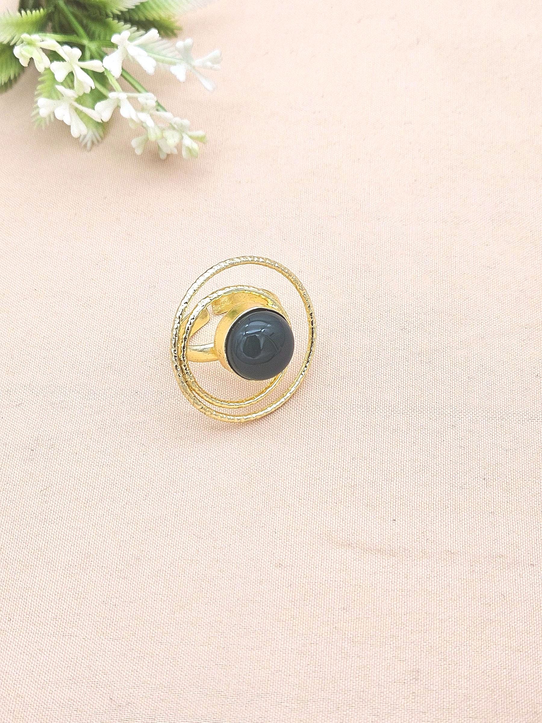 Gold Plated Green Onyx Stone Rings for Women - Handcrafted Designer Statement Ring