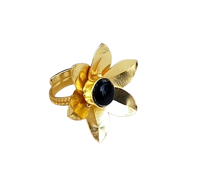 Gold Plated Black Onyx Stone Rings for Women - Handcrafted Floral Designer Ring