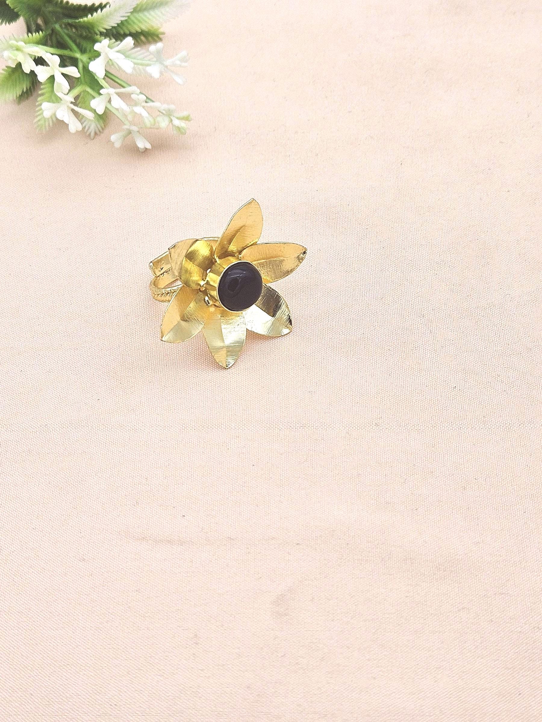 Gold Plated Black Onyx Stone Rings for Women - Handcrafted Floral Designer Ring