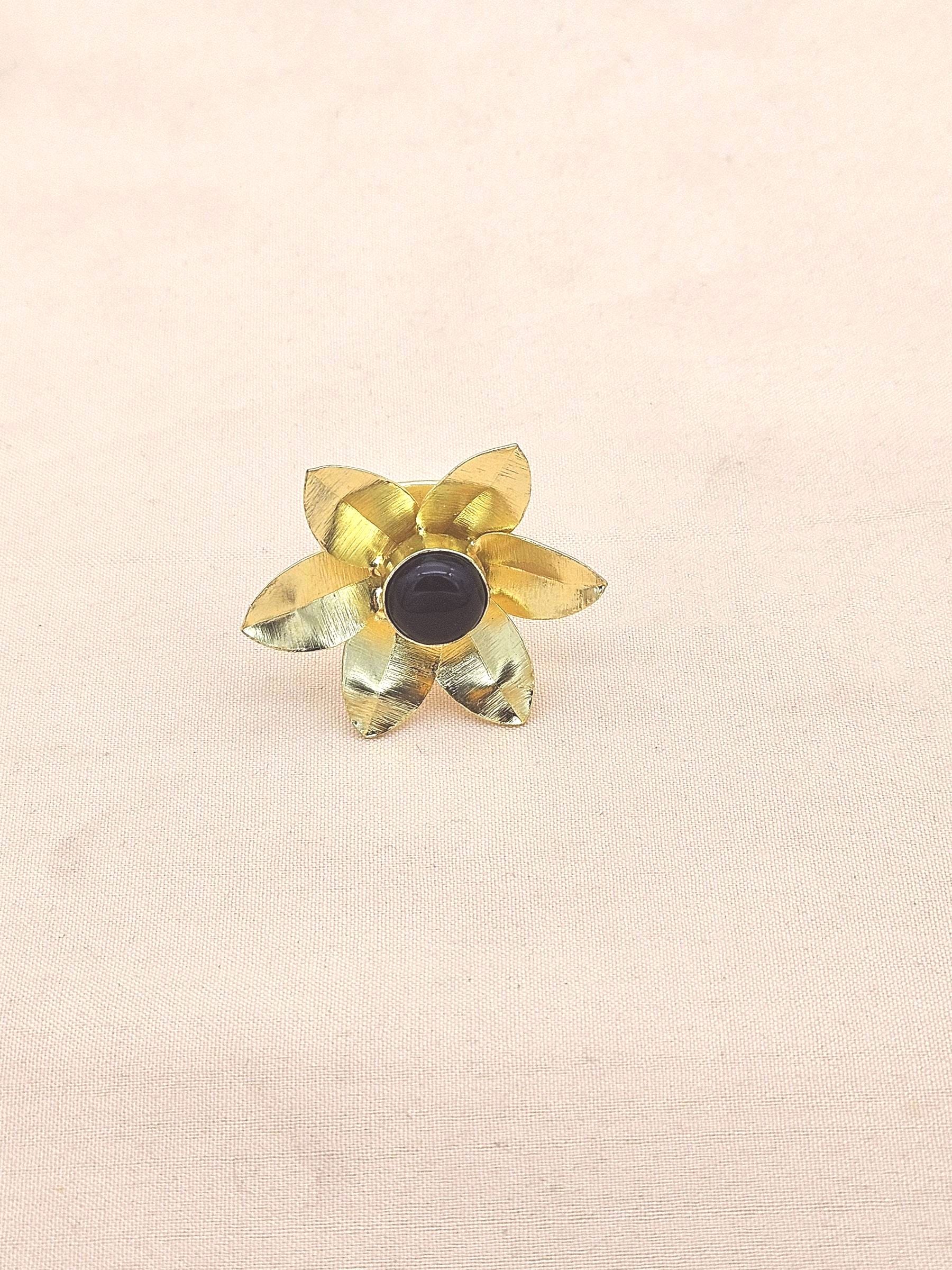 Gold Plated Black Onyx Stone Rings for Women - Handcrafted Floral Designer Ring