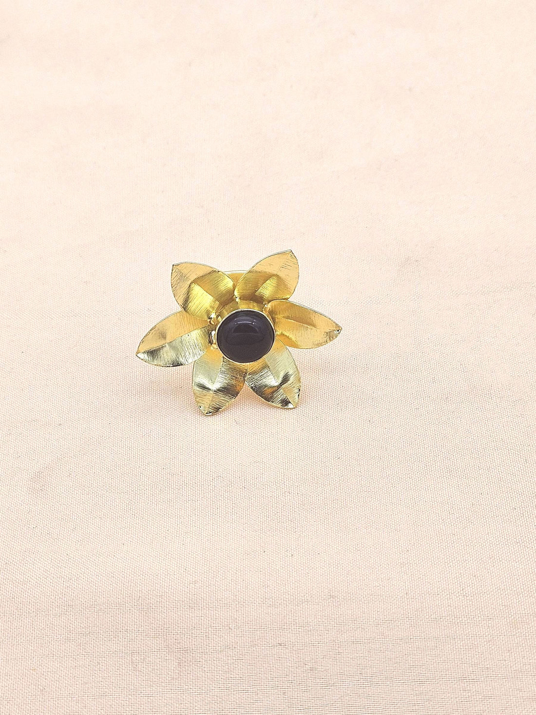 Gold Plated Black Onyx Stone Rings for Women - Handcrafted Floral Designer Ring