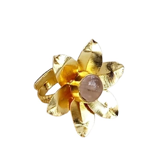 Gold Plated Rose Quartz Stone Rings for Women - Handcrafted Floral Designer Ring