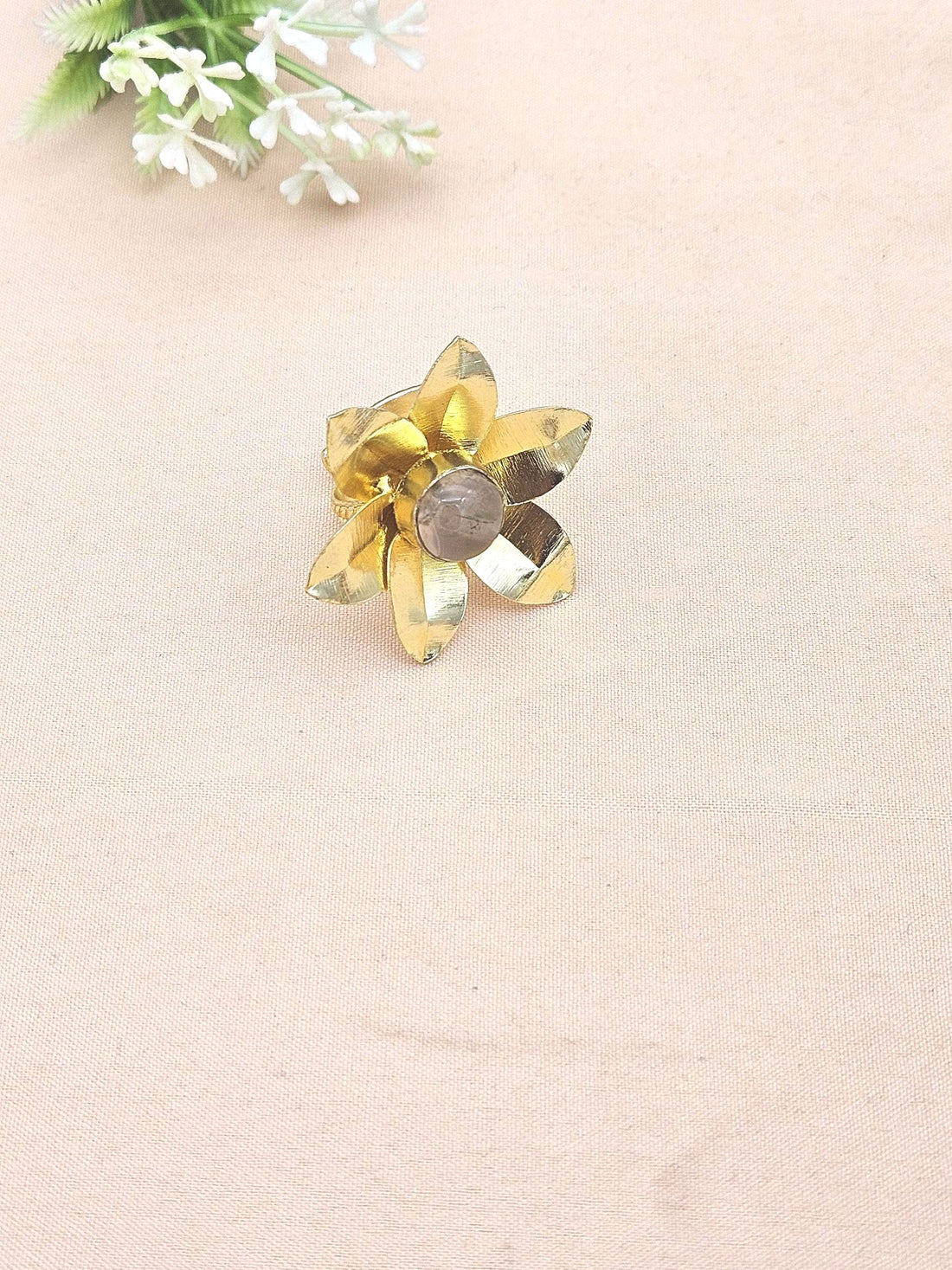 Gold Plated Rose Quartz Stone Rings for Women - Handcrafted Floral Designer Ring
