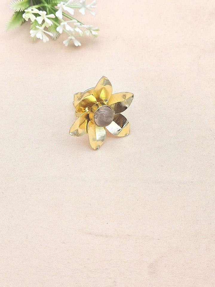 Gold Plated Rose Quartz Stone Rings for Women - Handcrafted Floral Designer Ring