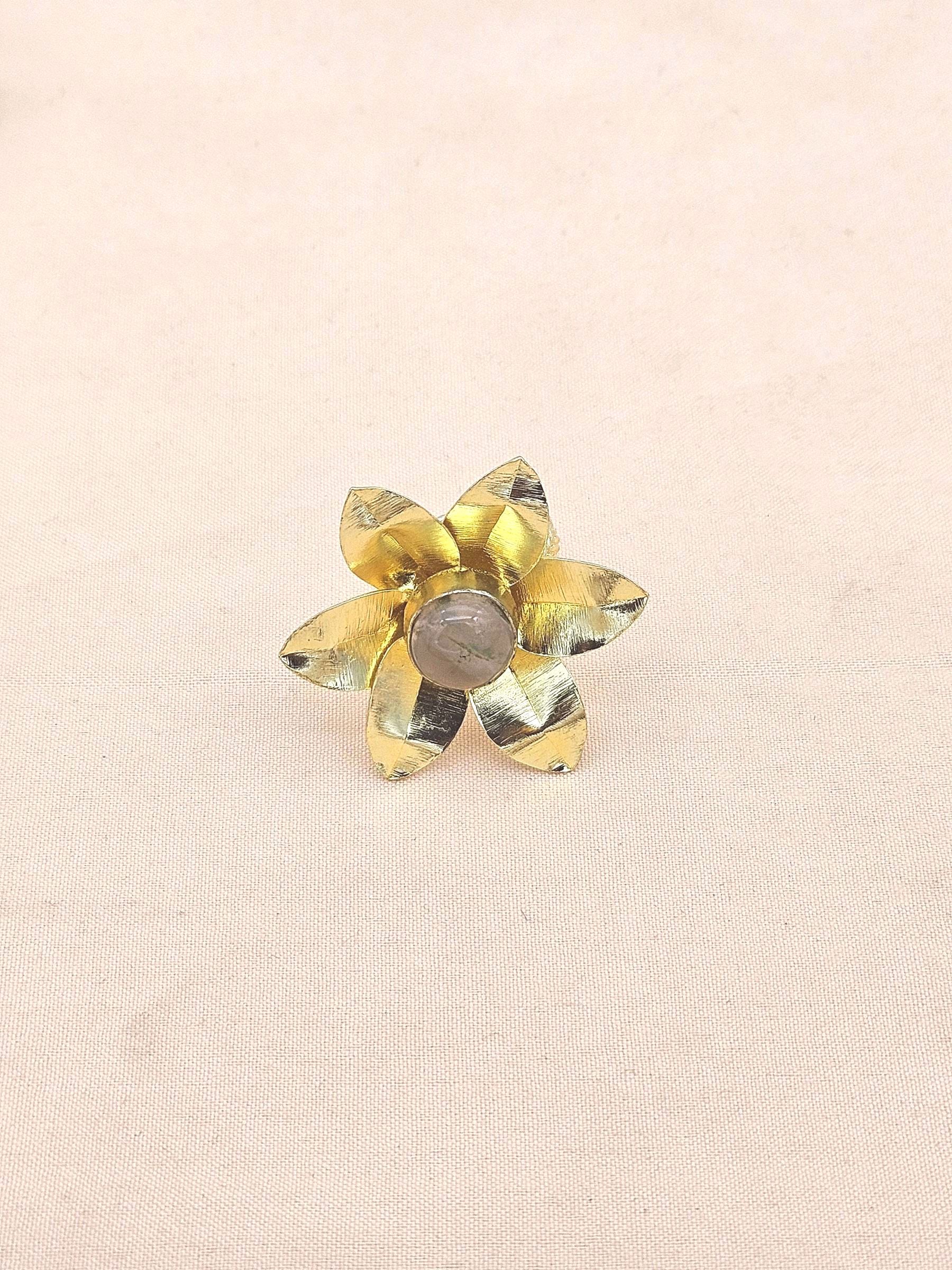 Gold Plated Rose Quartz Stone Rings for Women - Handcrafted Floral Designer Ring