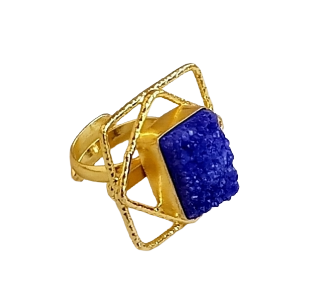 Gold plated Blue Druzy Ring for Women - Handmade Designer Gemstone Statement Ring