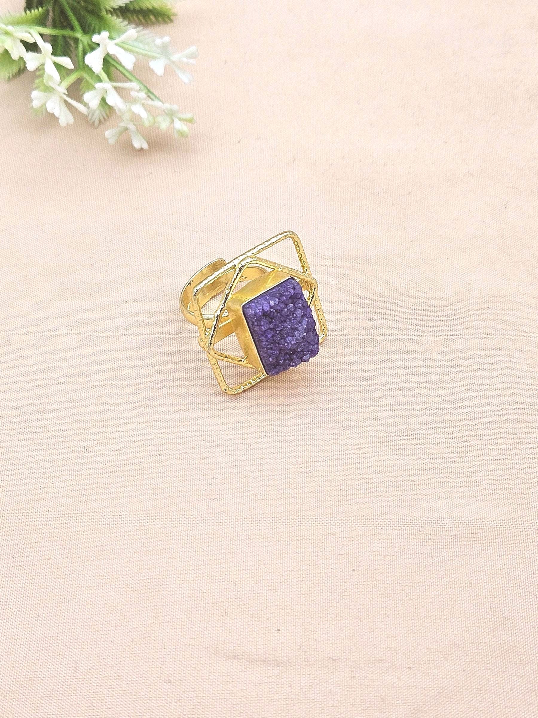 Gold plated Blue Druzy Ring for Women - Handmade Designer Gemstone Statement Ring