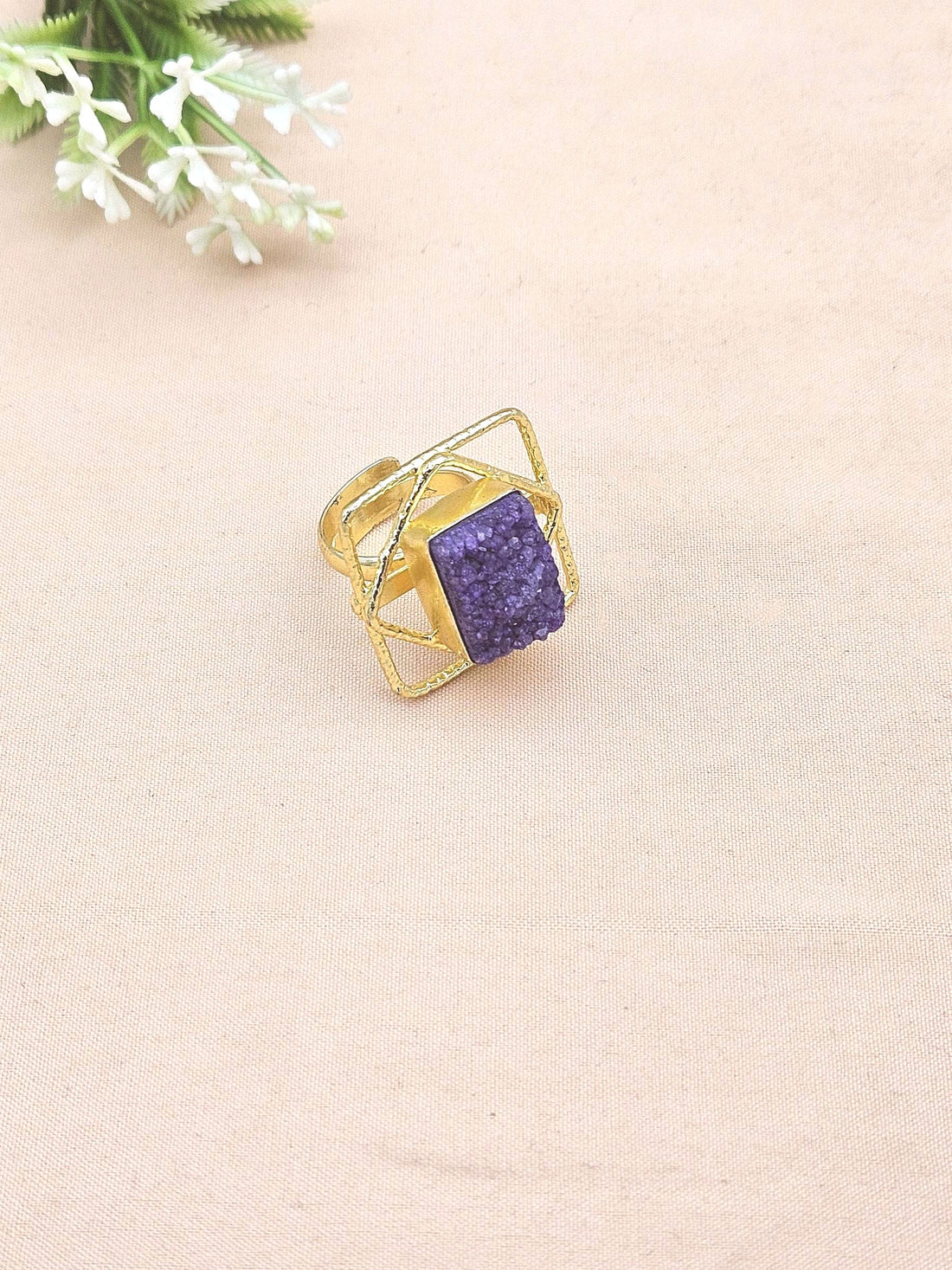 Gold plated Blue Druzy Ring for Women - Handmade Designer Gemstone Statement Ring