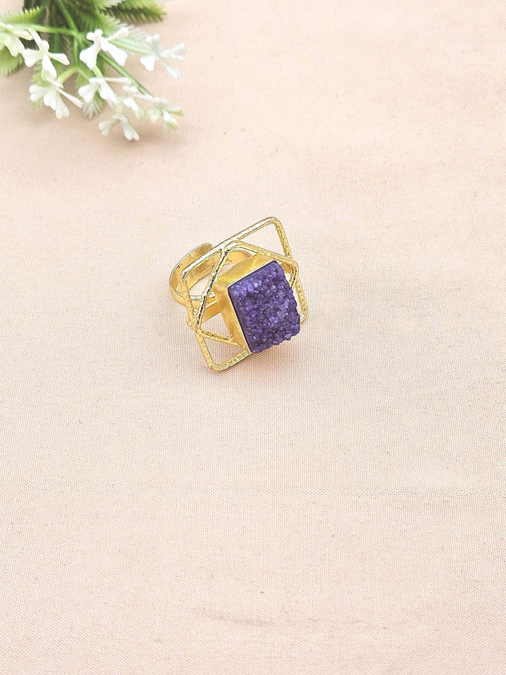 Gold plated Blue Druzy Ring for Women - Handmade Designer Gemstone Statement Ring