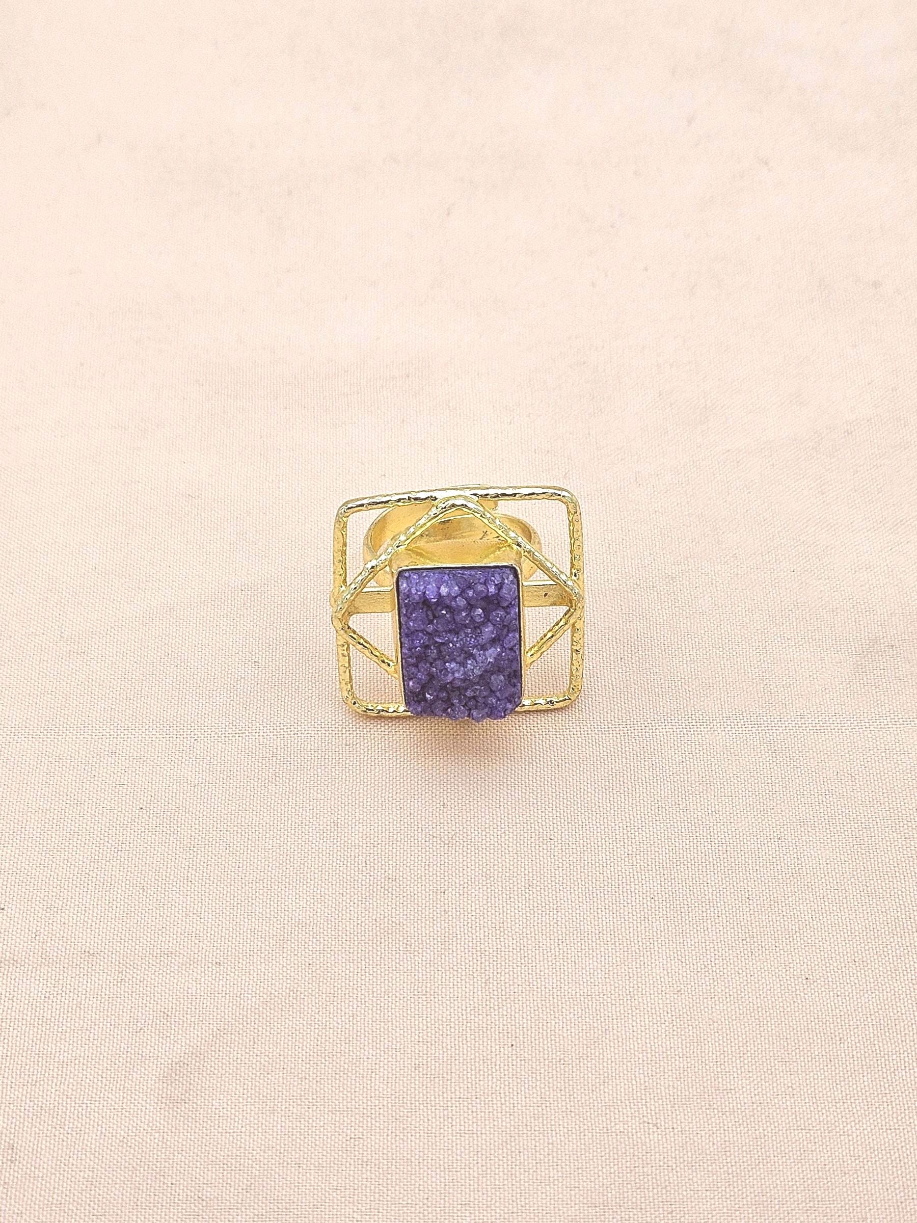 Gold plated Blue Druzy Ring for Women - Handmade Designer Gemstone Statement Ring
