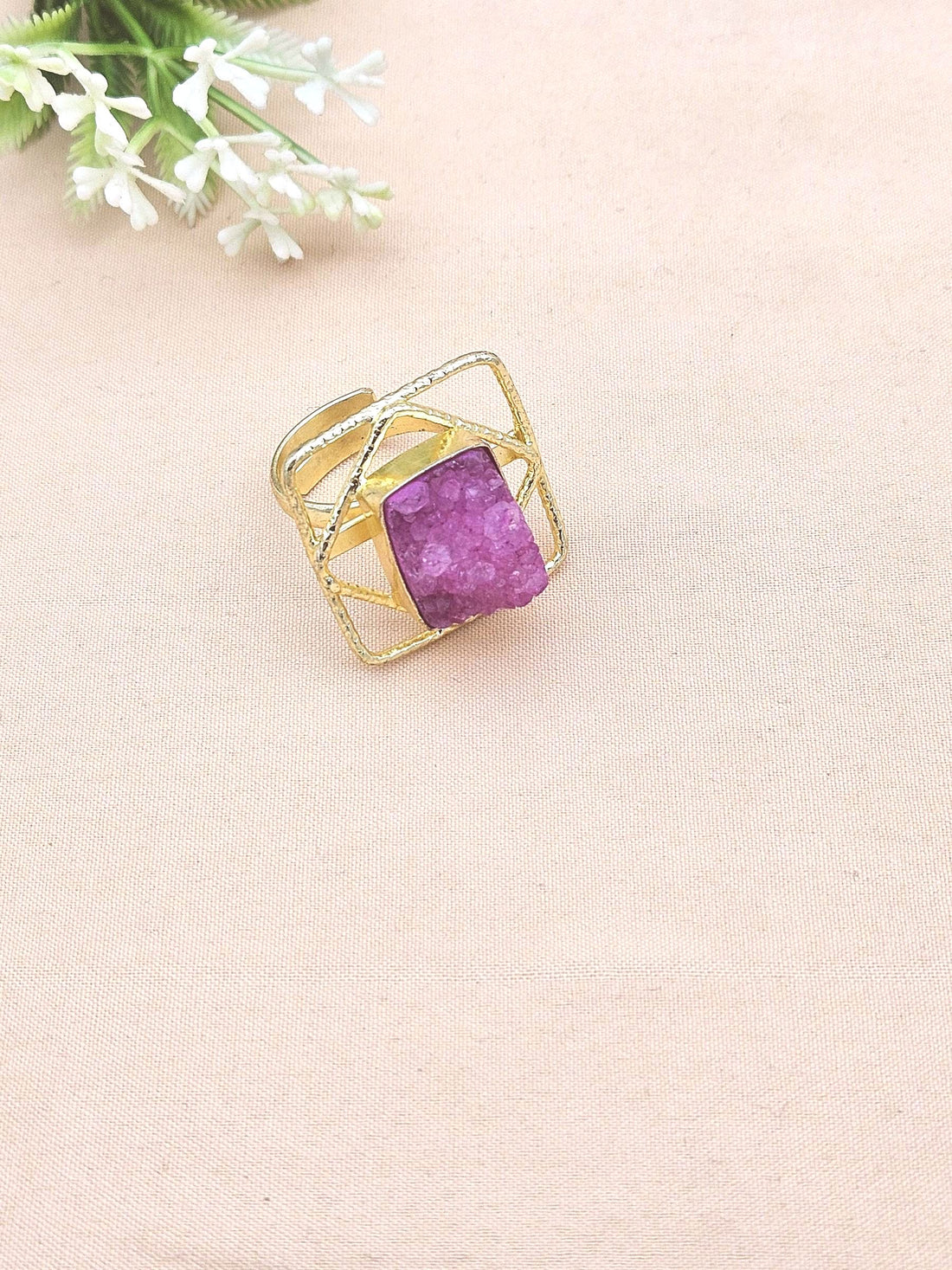 Gold plated Magenta Druzy Ring for Women - Handmade Designer Gemstone Statement Ring