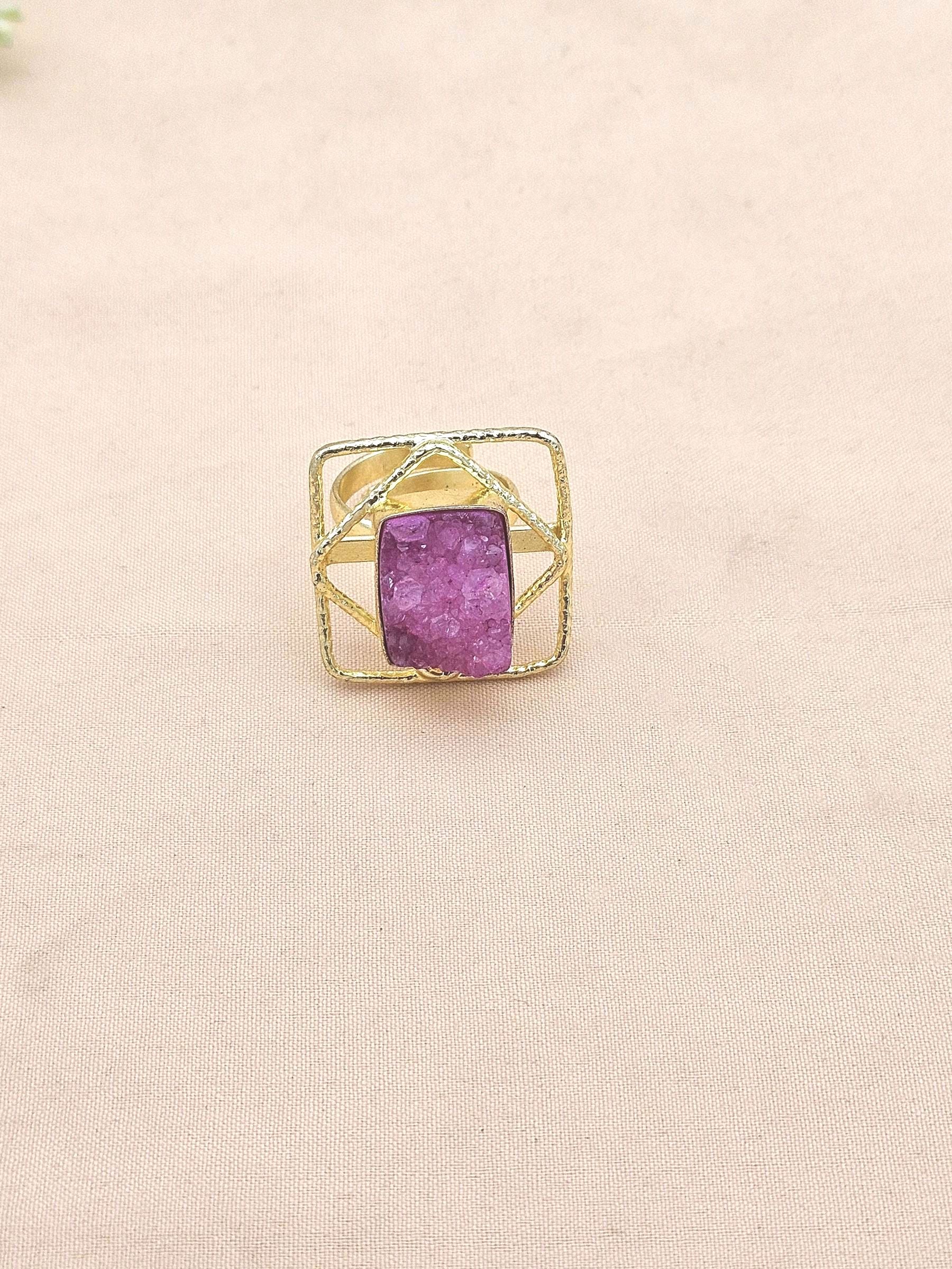 Gold plated Magenta Druzy Ring for Women - Handmade Designer Gemstone Statement Ring