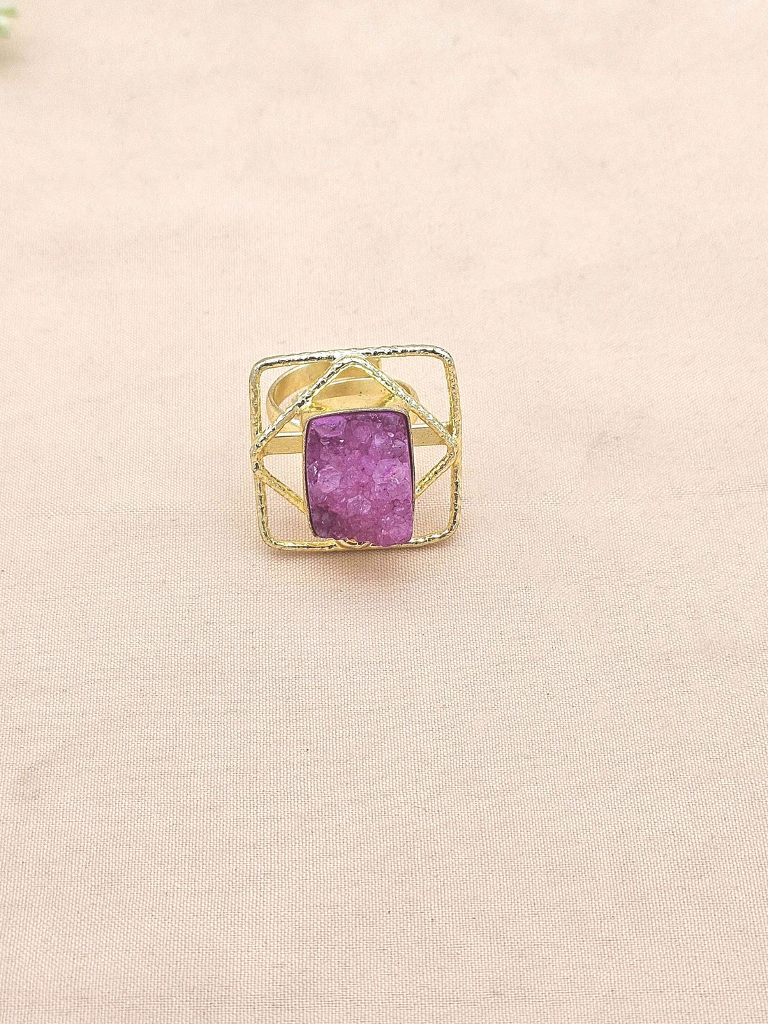 Gold plated Magenta Druzy Ring for Women - Handmade Designer Gemstone Statement Ring