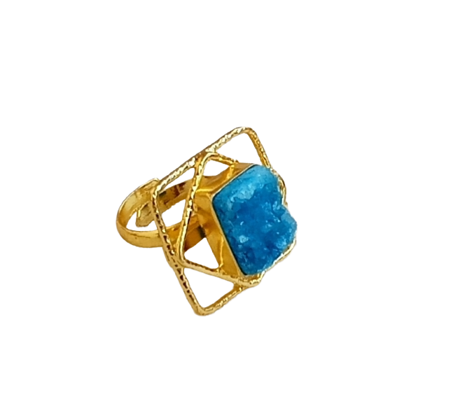 Gold plated Sky Blue Druzy Ring for Women - Handmade Designer Gemstone Statement Ring