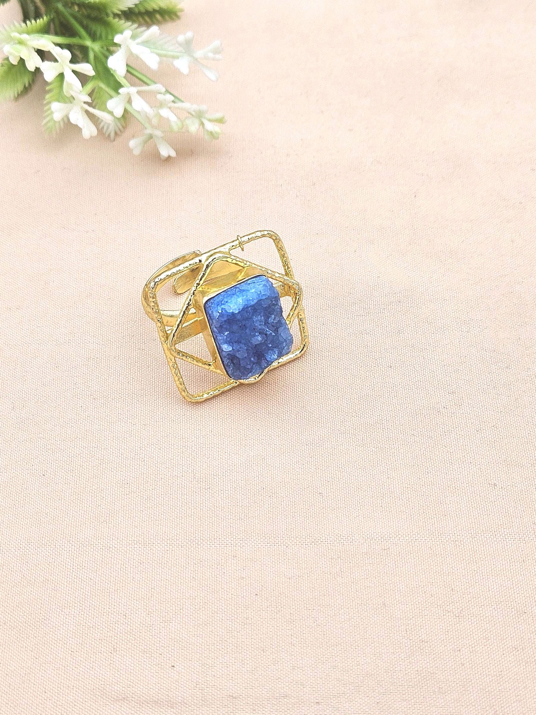 Gold plated Sky Blue Druzy Ring for Women - Handmade Designer Gemstone Statement Ring