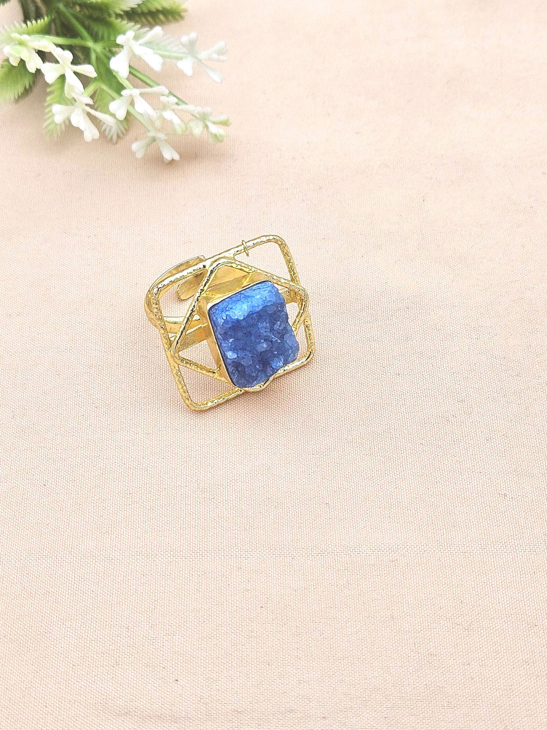 Gold plated Sky Blue Druzy Ring for Women - Handmade Designer Gemstone Statement Ring