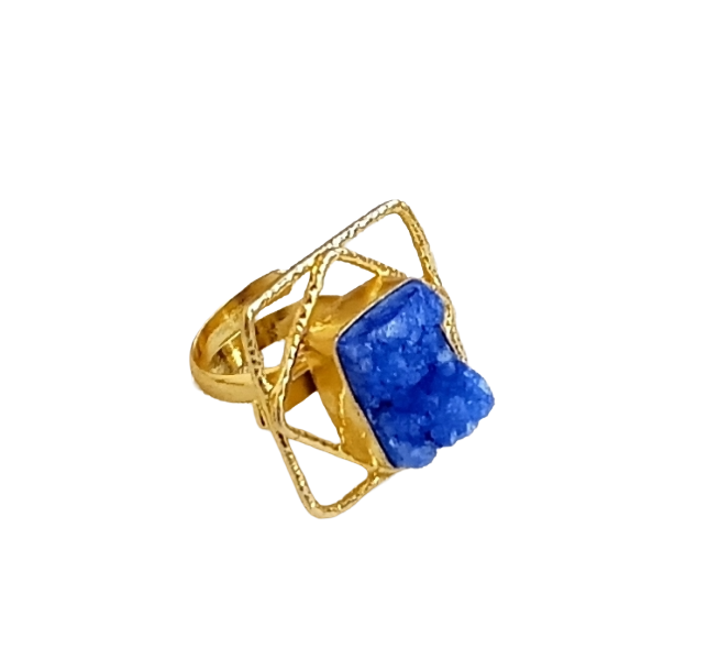 Gold plated Indigo Blue Druzy Ring for Women - Handmade Designer Gemstone Statement Ring