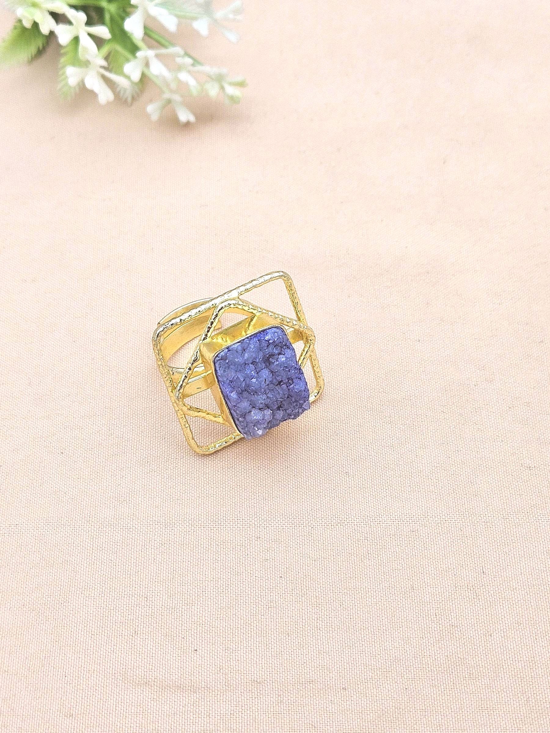 Gold plated Indigo Blue Druzy Ring for Women - Handmade Designer Gemstone Statement Ring
