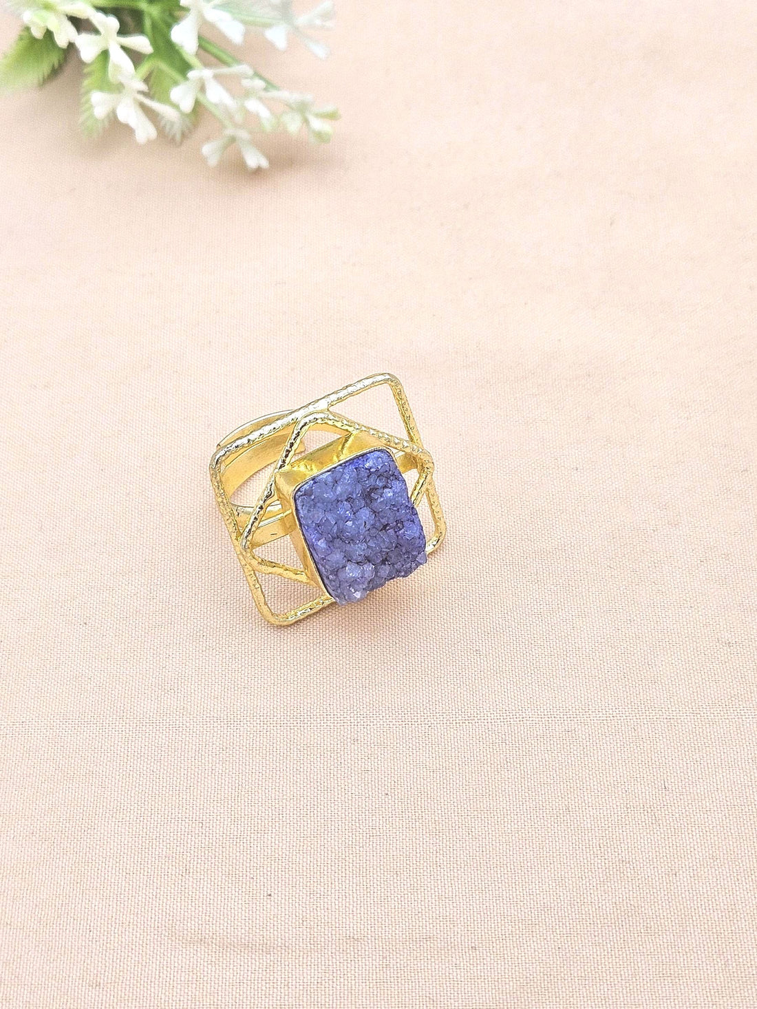 Gold plated Indigo Blue Druzy Ring for Women - Handmade Designer Gemstone Statement Ring
