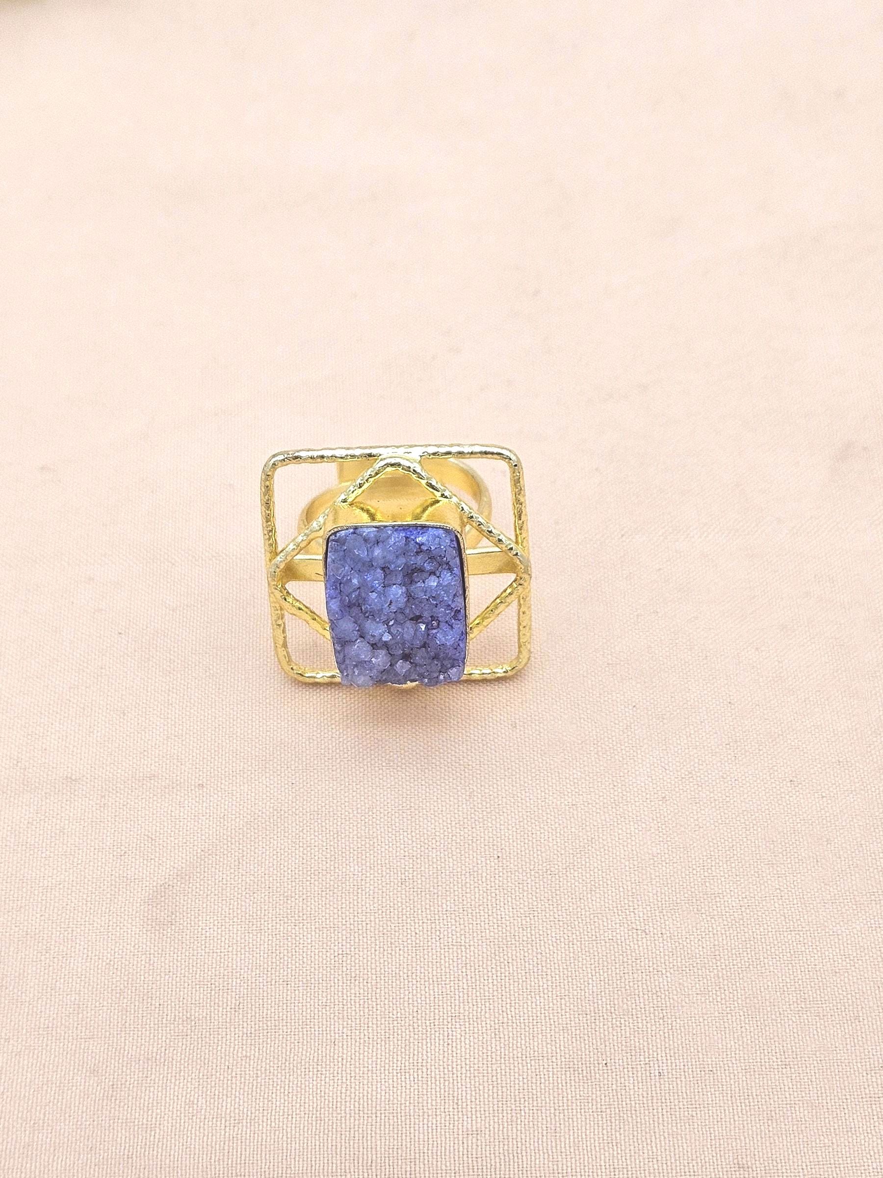 Gold plated Indigo Blue Druzy Ring for Women - Handmade Designer Gemstone Statement Ring