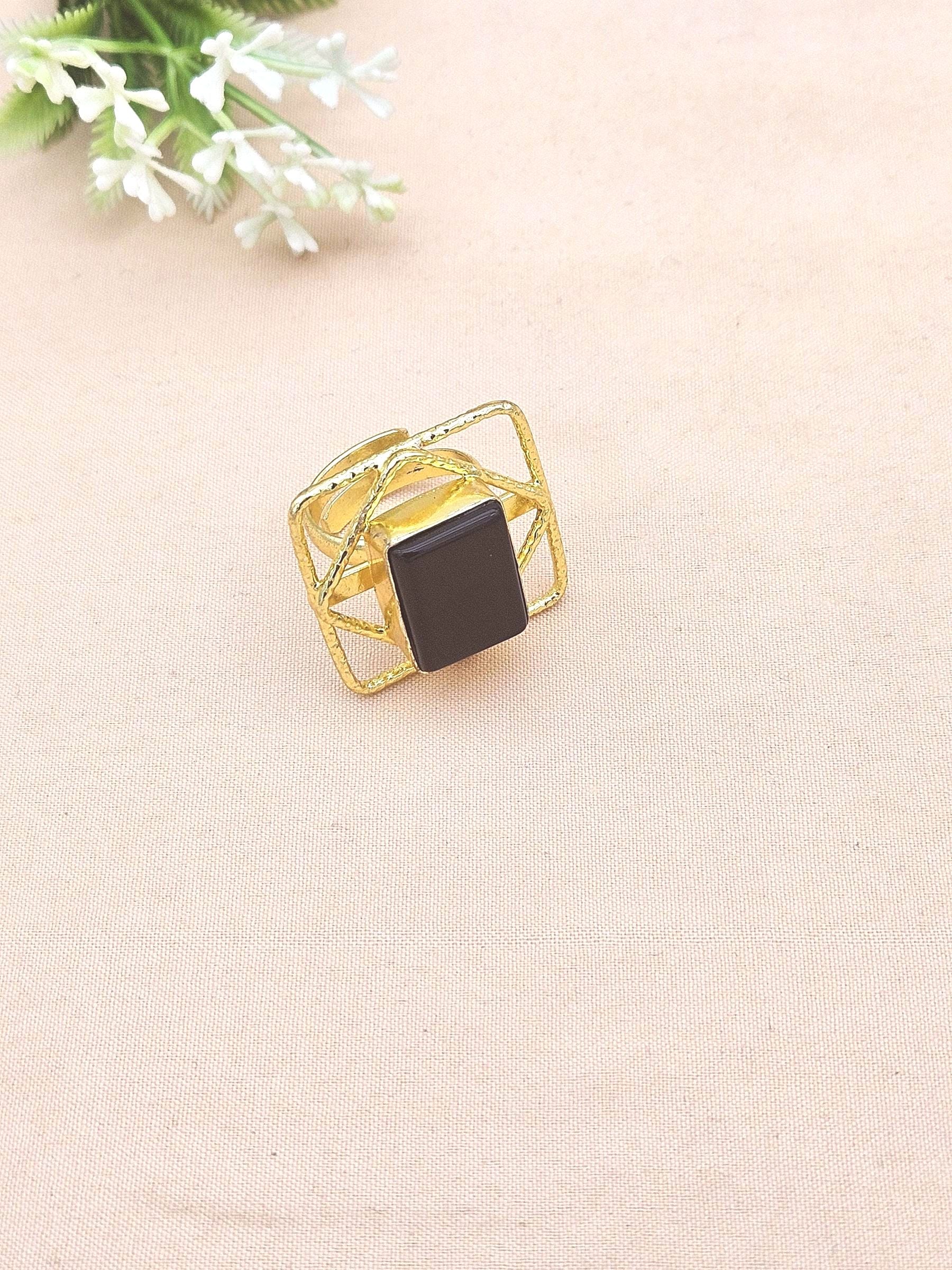 Gold plated Black Onyx Ring for Women - Handmade Designer Gemstone Statement Ring