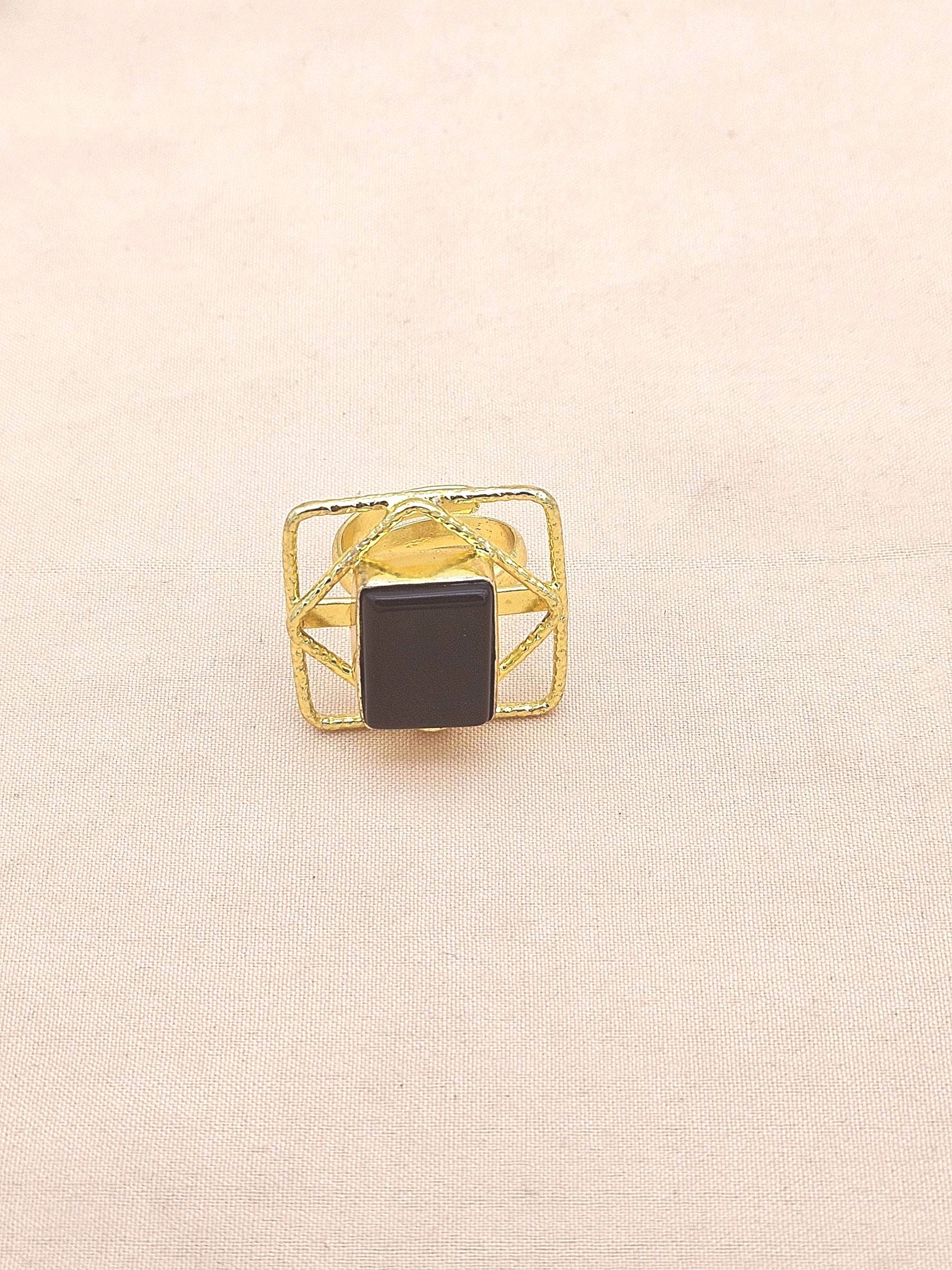 Gold plated Black Onyx Ring for Women - Handmade Designer Gemstone Statement Ring