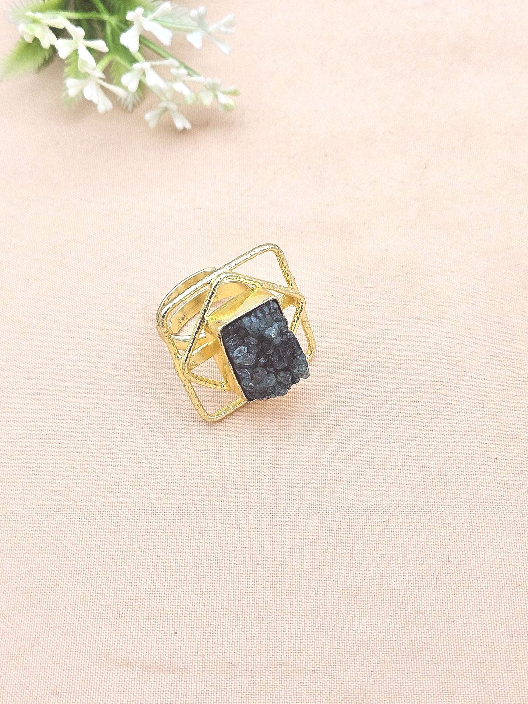 Gold plated Green Druzy Ring for Women - Handmade Designer Gemstone Statement Ring