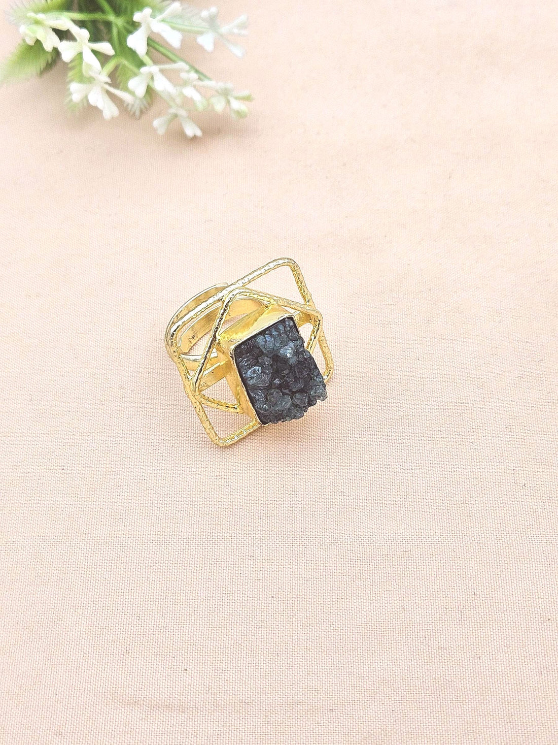 Gold plated Green Druzy Ring for Women - Handmade Designer Gemstone Statement Ring
