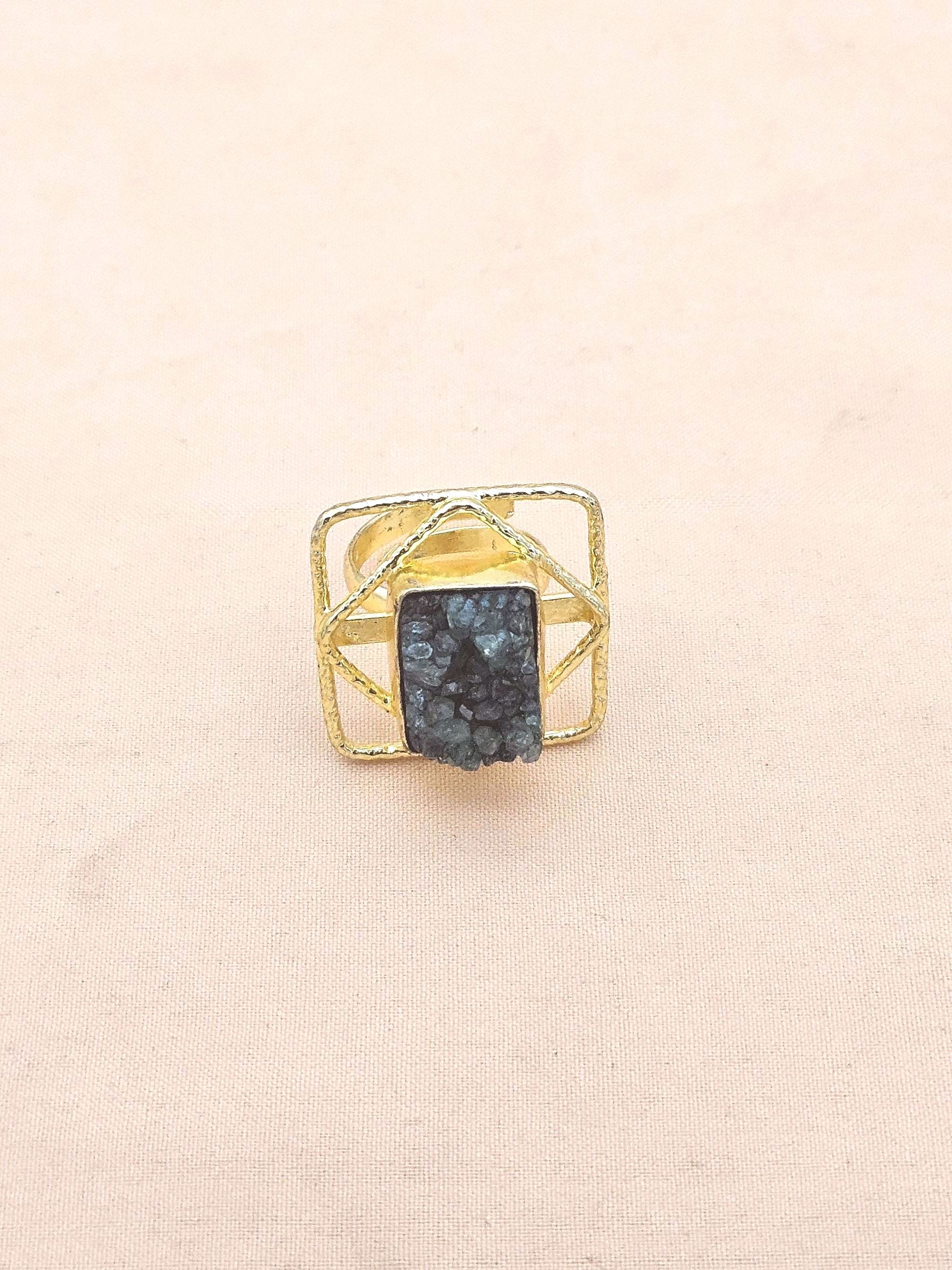 Gold plated Green Druzy Ring for Women - Handmade Designer Gemstone Statement Ring