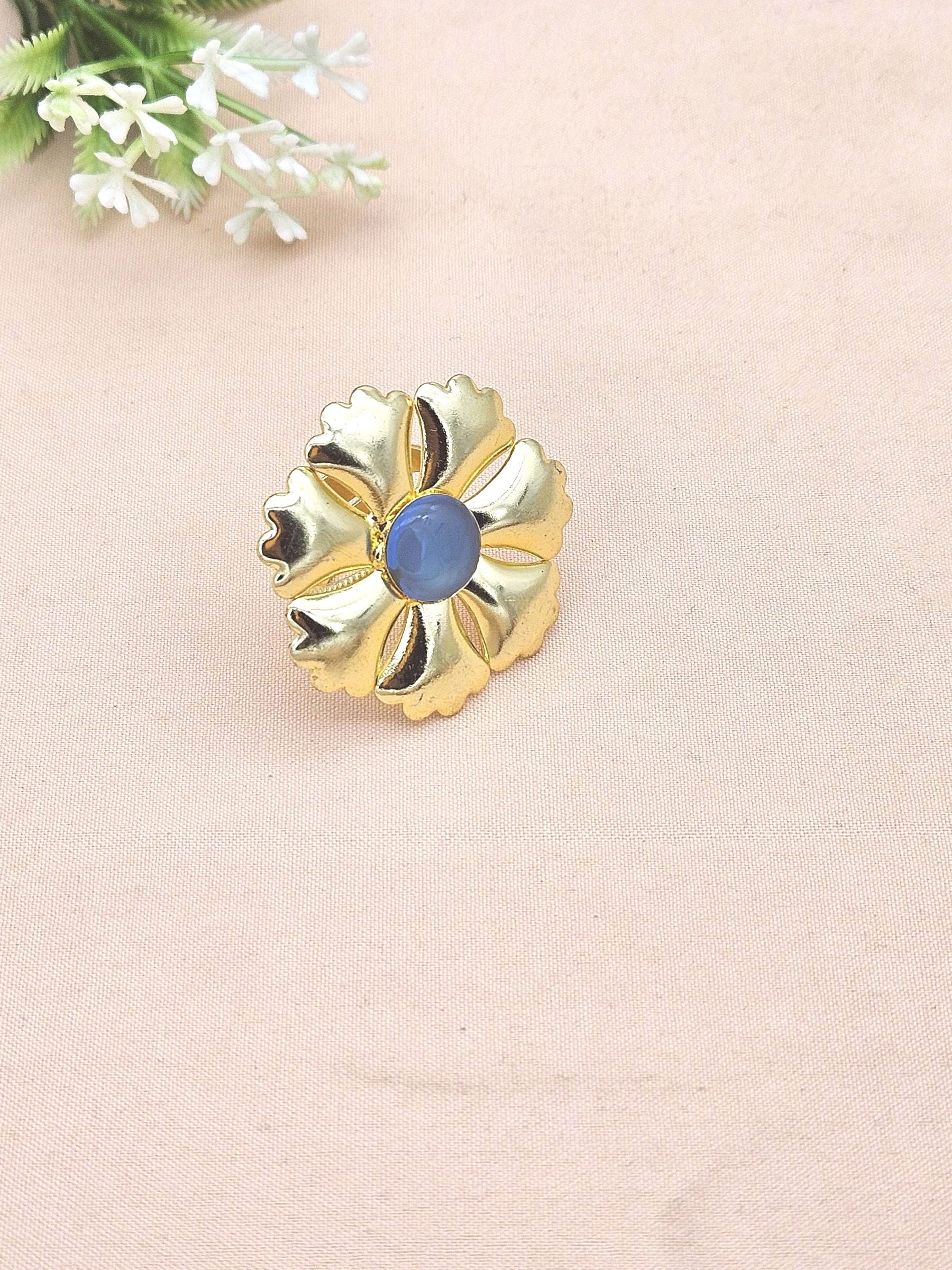 Gold plated Chalcedony Ring for Women - Handmade Floral Designer Gemstone Statement Ring