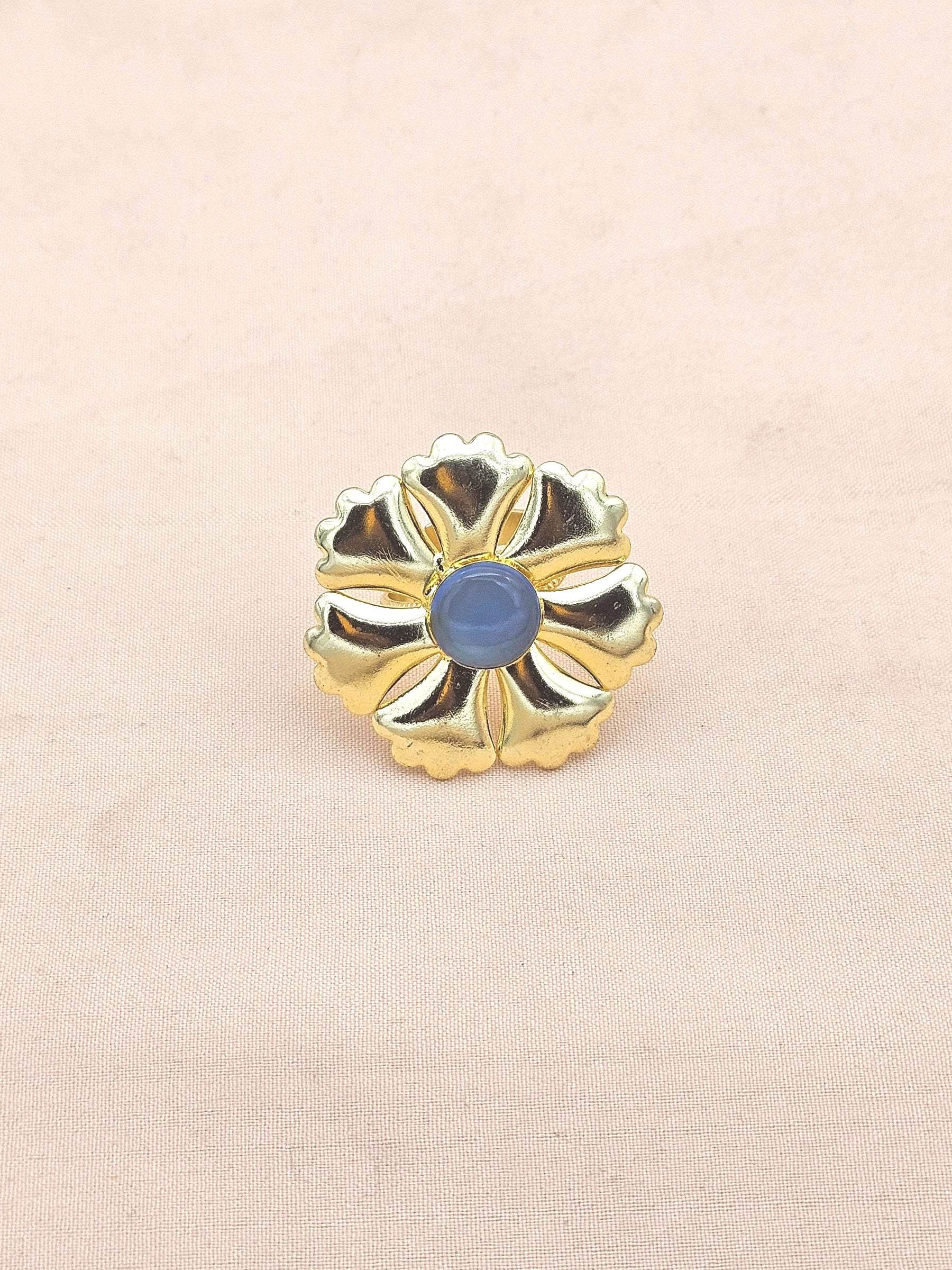 Gold plated Chalcedony Ring for Women - Handmade Floral Designer Gemstone Statement Ring