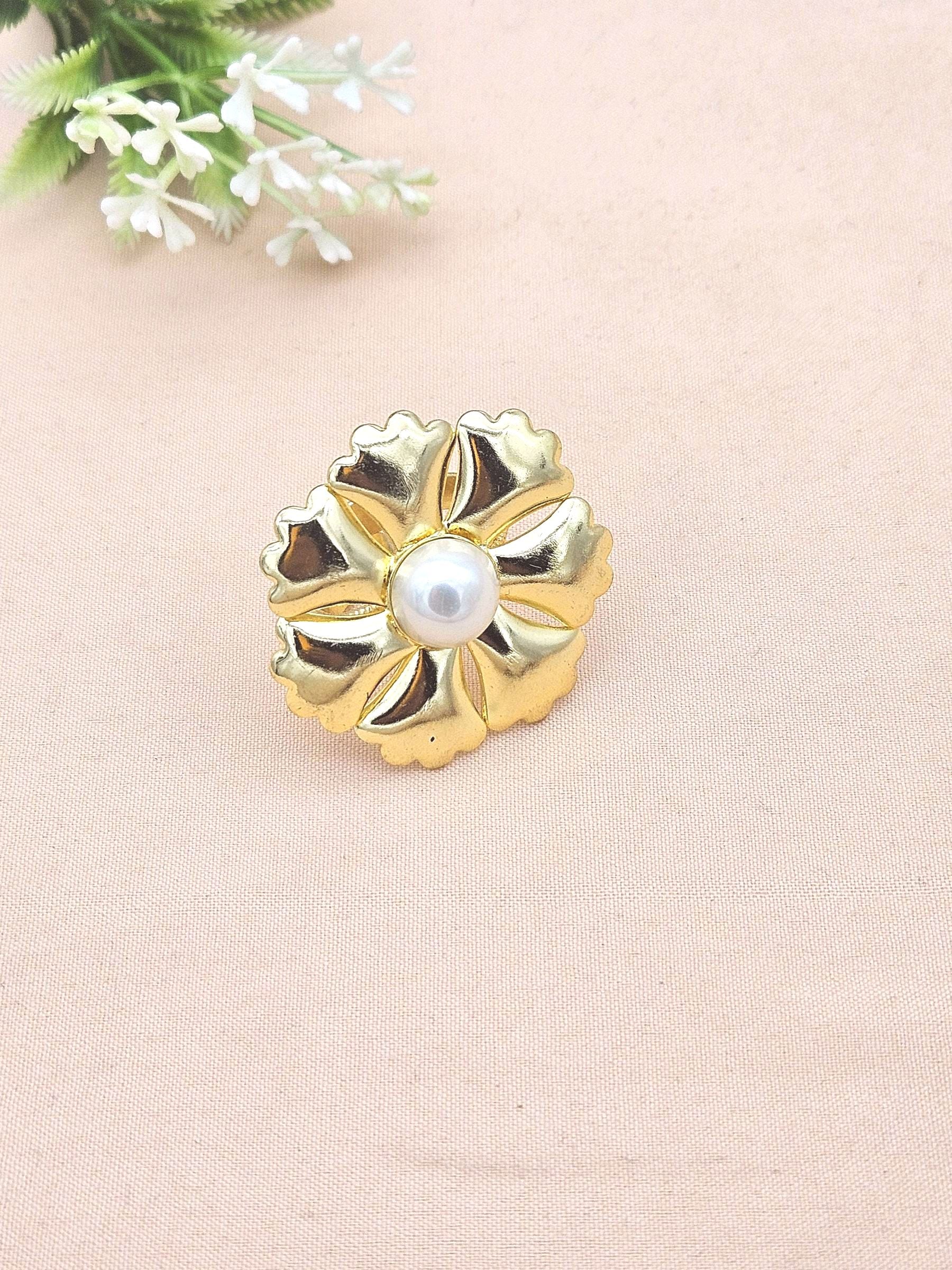Gold plated Pearl Ring for Women - Handmade Floral Designer Gemstone Statement Ring