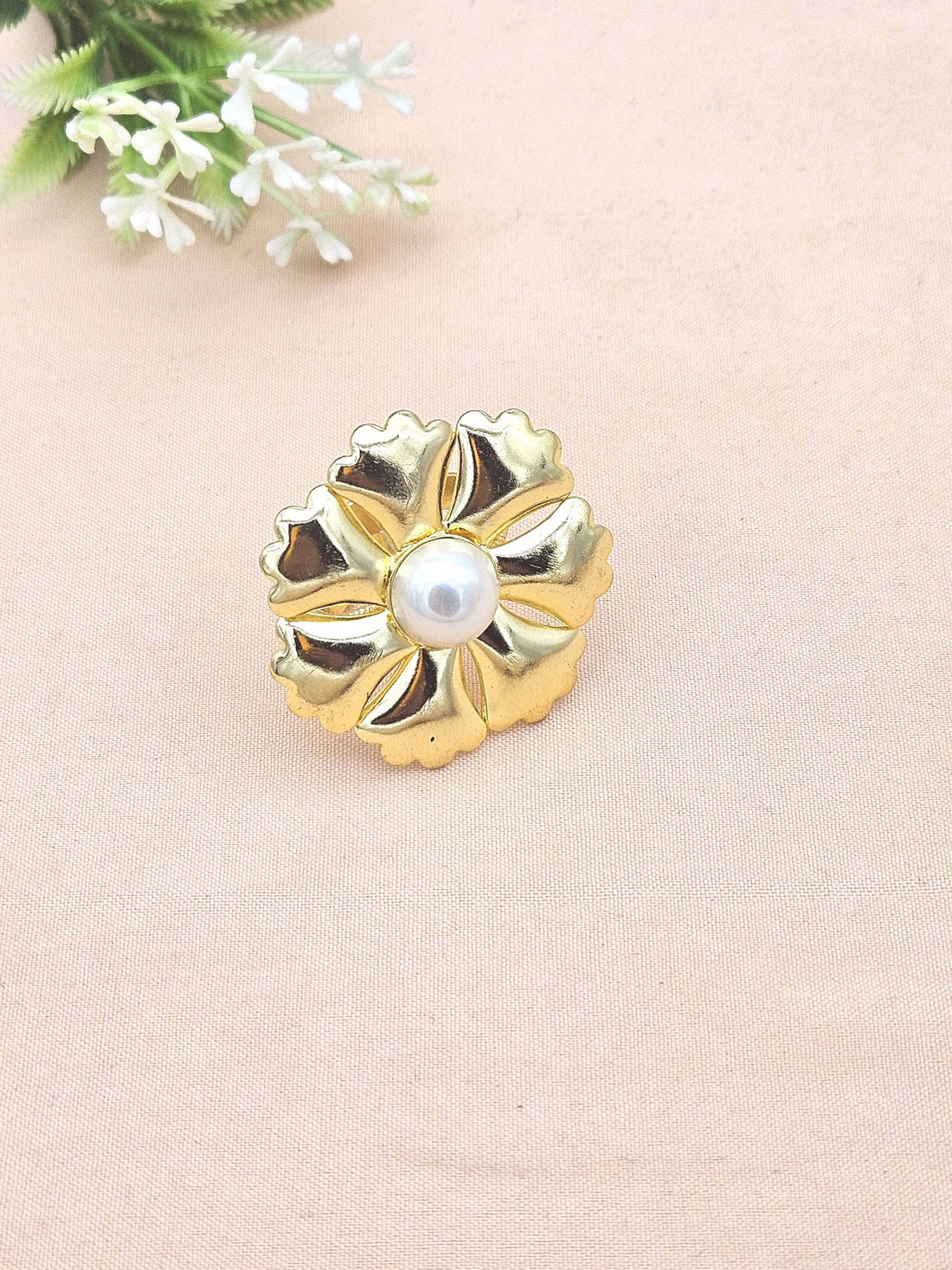 Gold plated Pearl Ring for Women - Handmade Floral Designer Gemstone Statement Ring