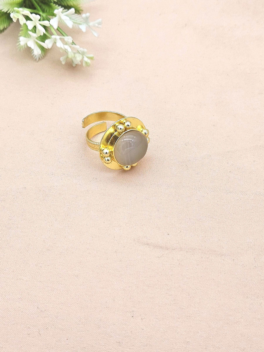 Amazing Gold plated Beige Chalcedony stone Round Designer Finger Ring for women