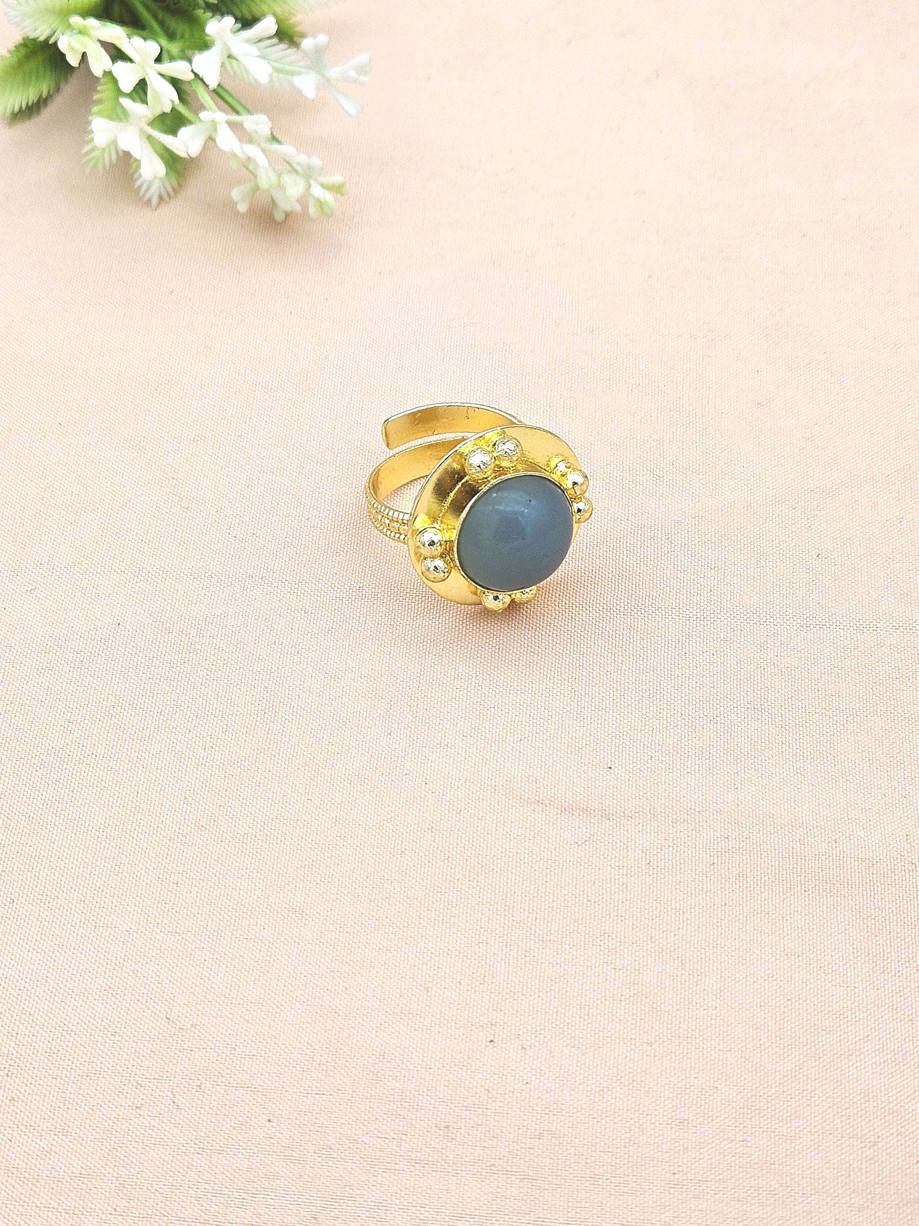 Amazing Gold plated Blue Chalcedony stone Round Designer Finger Ring for women