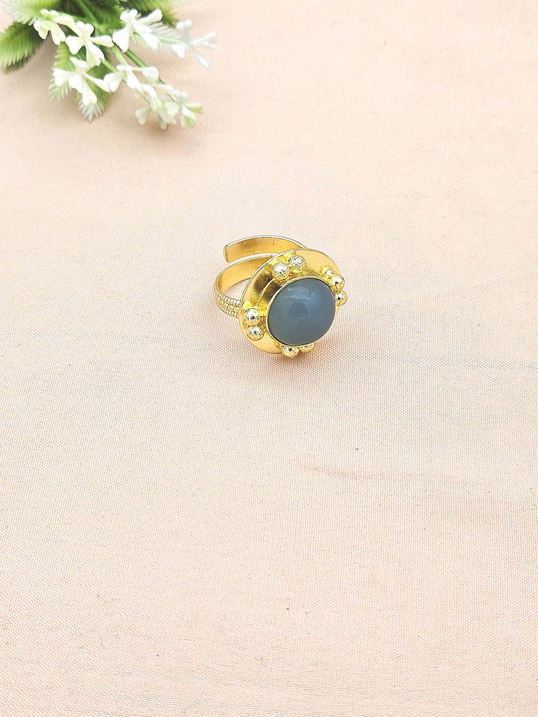 Amazing Gold plated Blue Chalcedony stone Round Designer Finger Ring for women