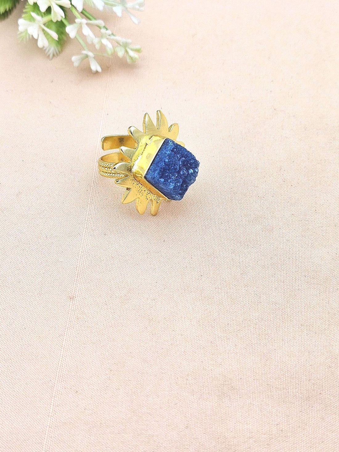 Gold plated Blue Druzy stone Awesome Floral Designer Finger Ring for women