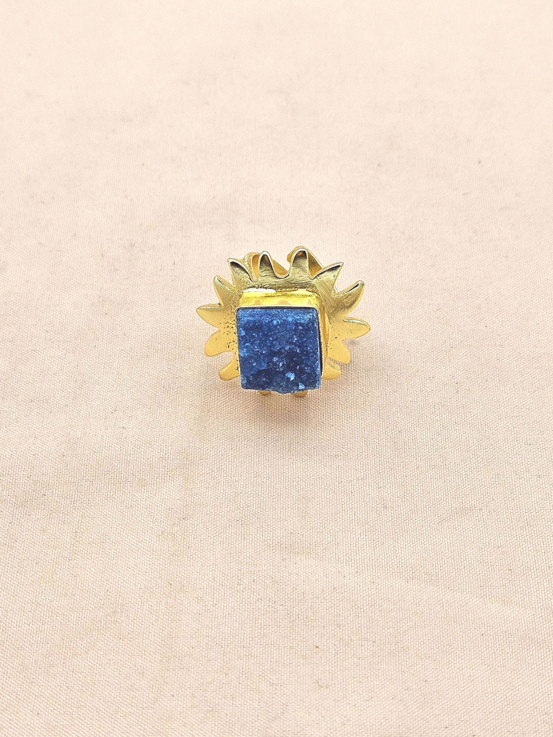 Gold plated Blue Druzy stone Awesome Floral Designer Finger Ring for women