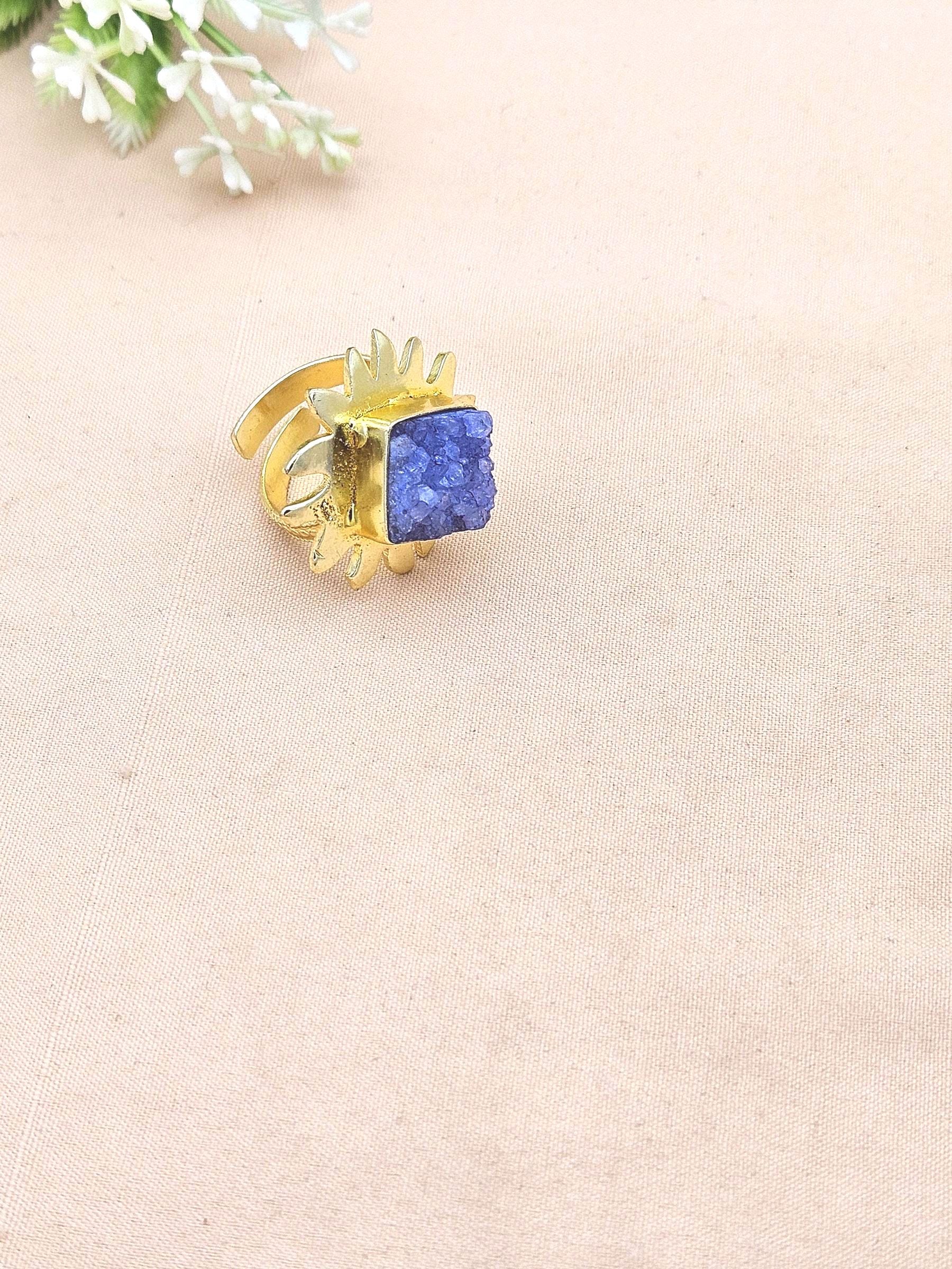 Gold plated Navy Blue Druzy stone Awesome Floral Designer Finger Ring for women