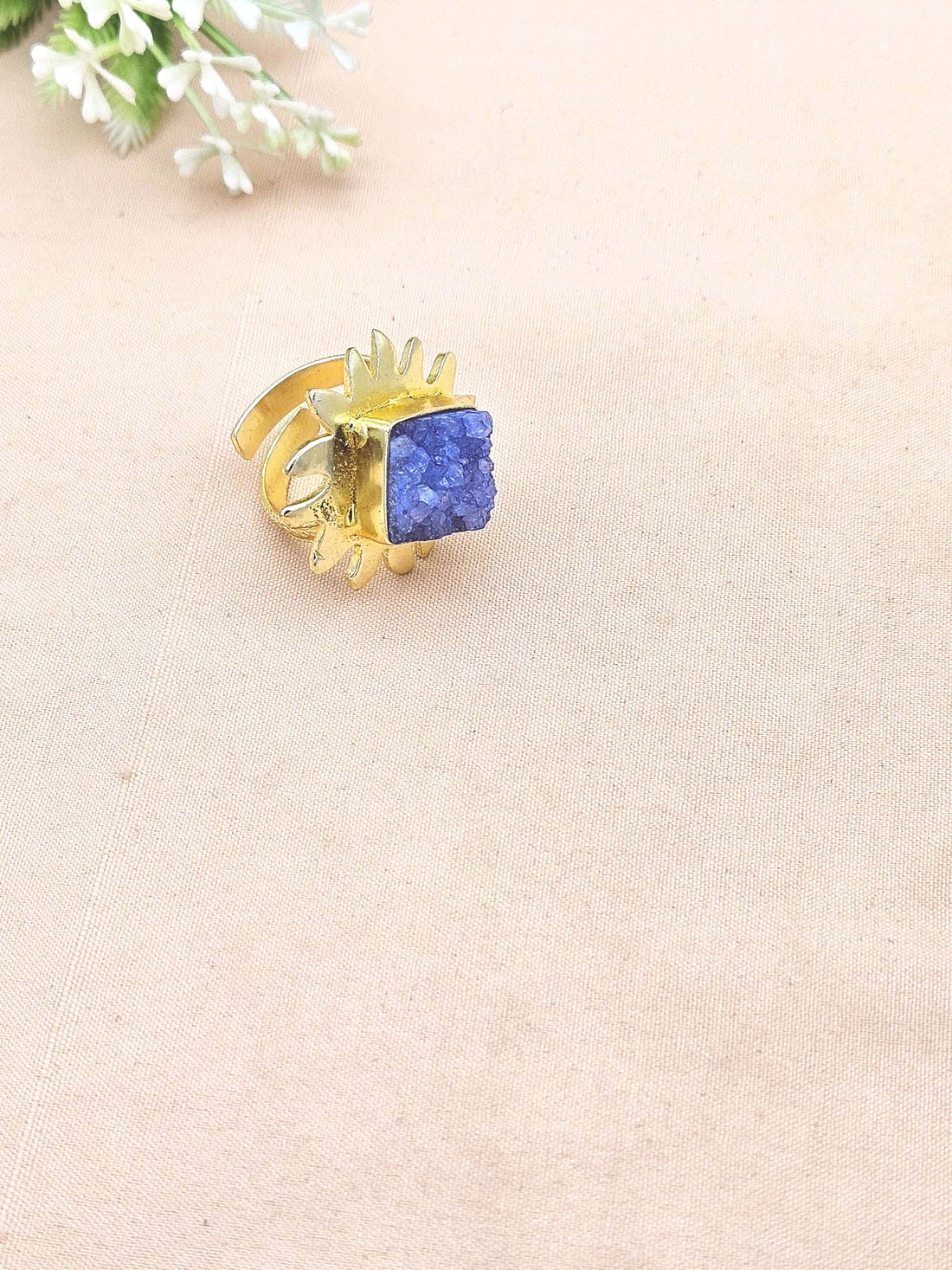 Gold plated Navy Blue Druzy stone Awesome Floral Designer Finger Ring for women