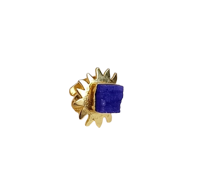 Gold plated Indigo Blue Druzy stone Awesome Floral Designer Finger Ring for women